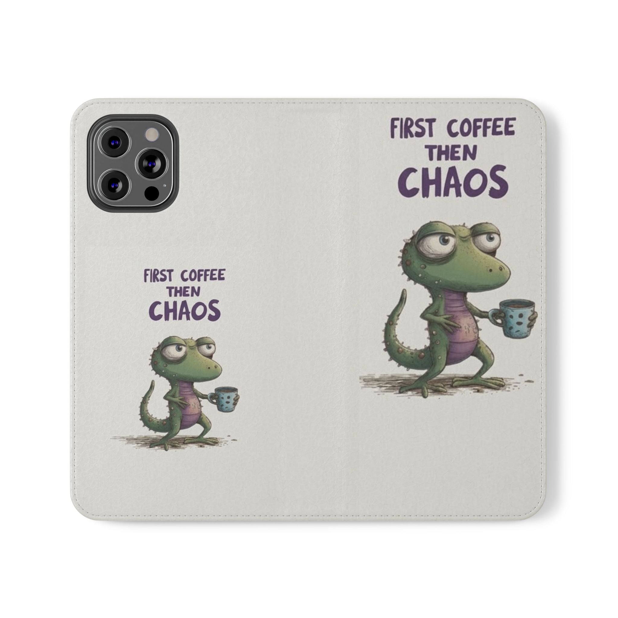 Flip Case — "First Coffee Then Chaos" Cute Dino Phone Wallet