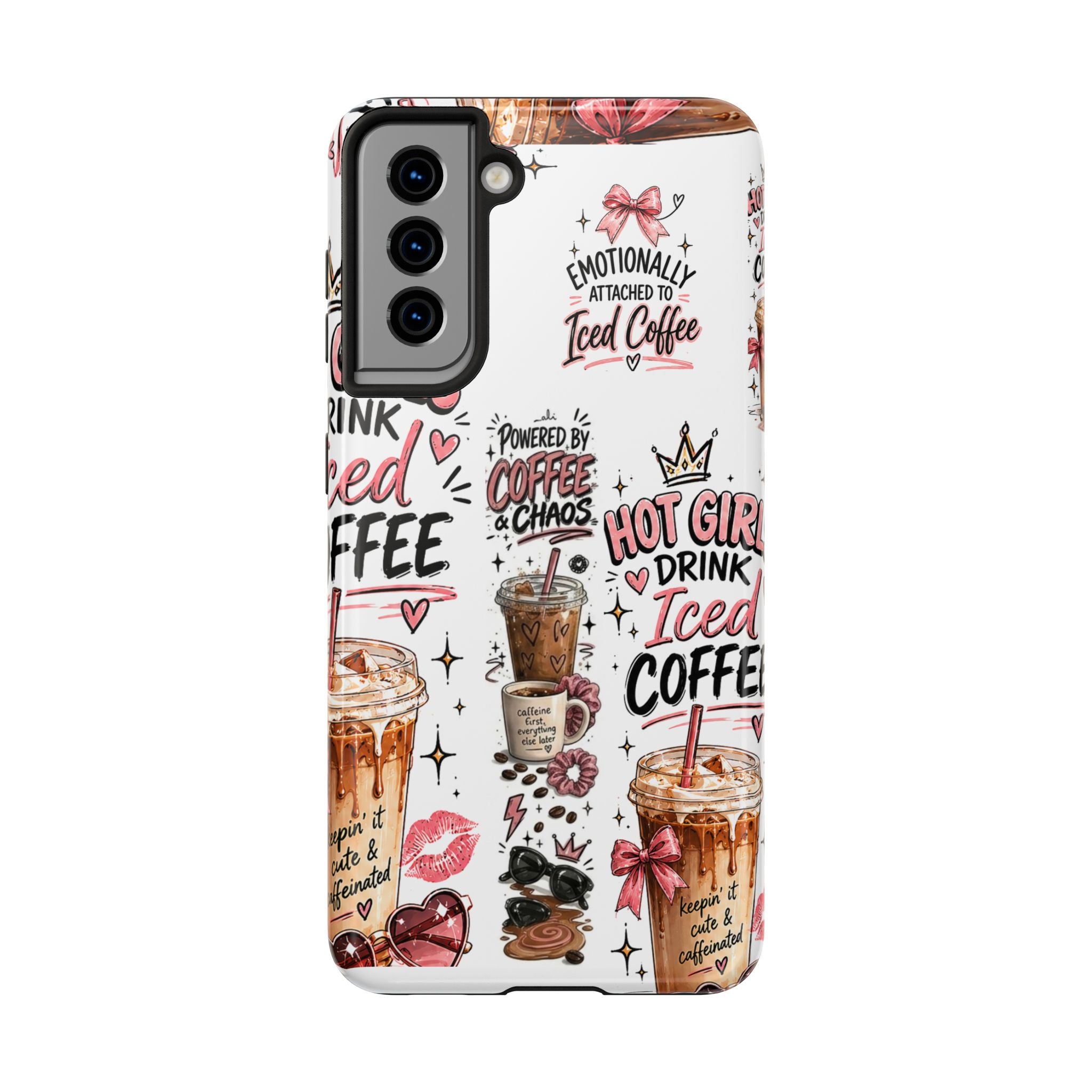 Iced Coffee Pattern Phone Case – "Powered by Coffee & Chaos" Tough Protective Case