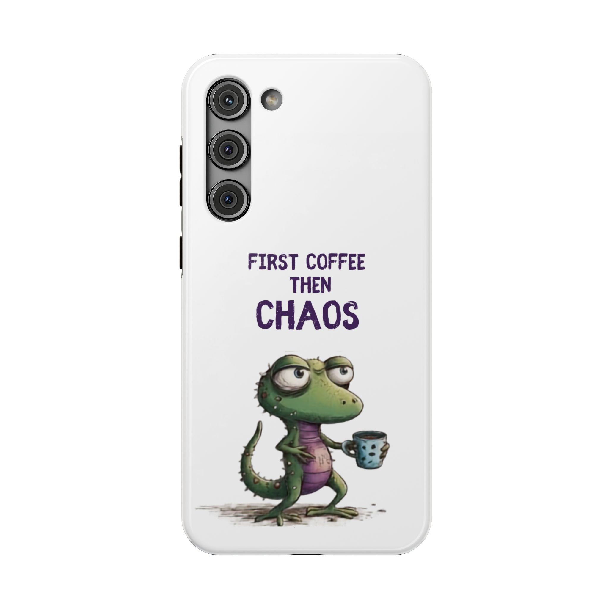 Impact-Resistant Phone Case — "First Coffee Then Chaos" Cute Lizard Coffee Design