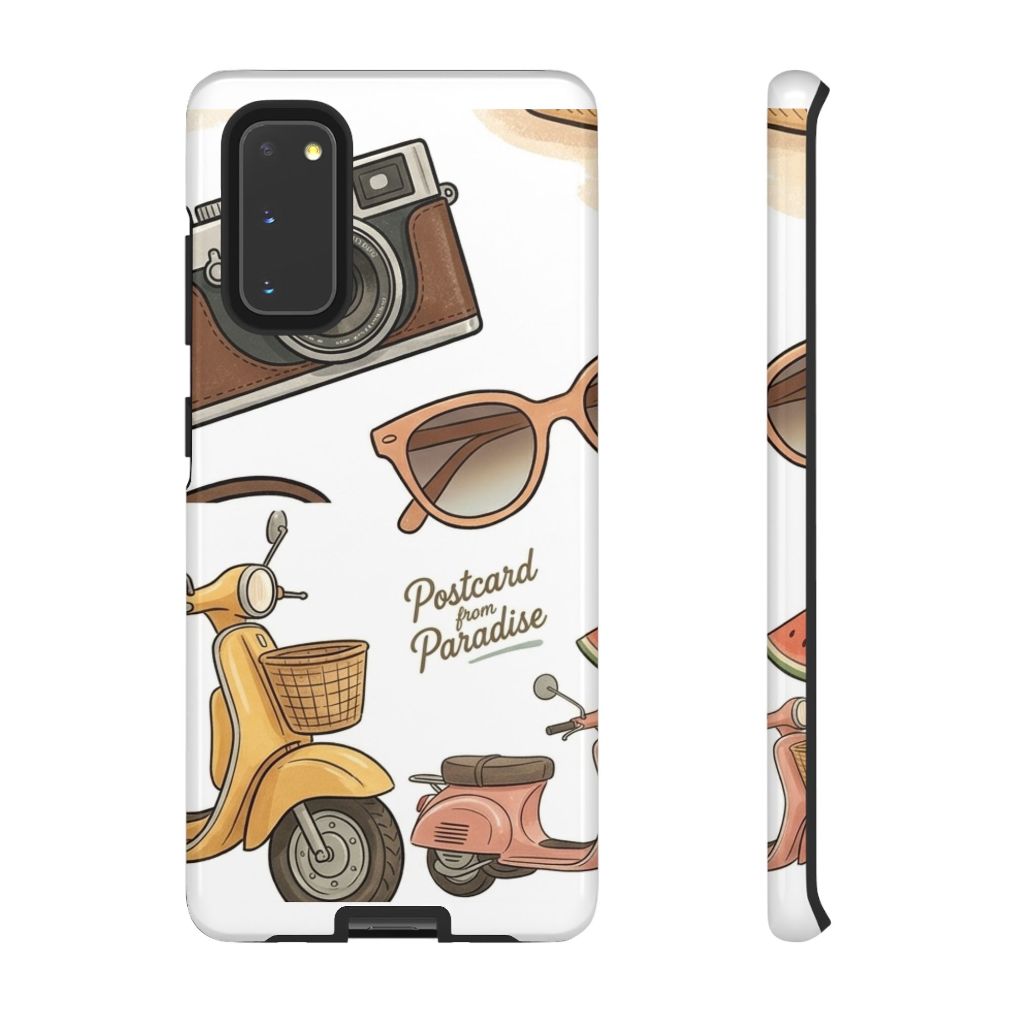 Vintage Summer Beach Phone Case — Feminine Travel Pattern with Cameras, Sunglasses & Scooter