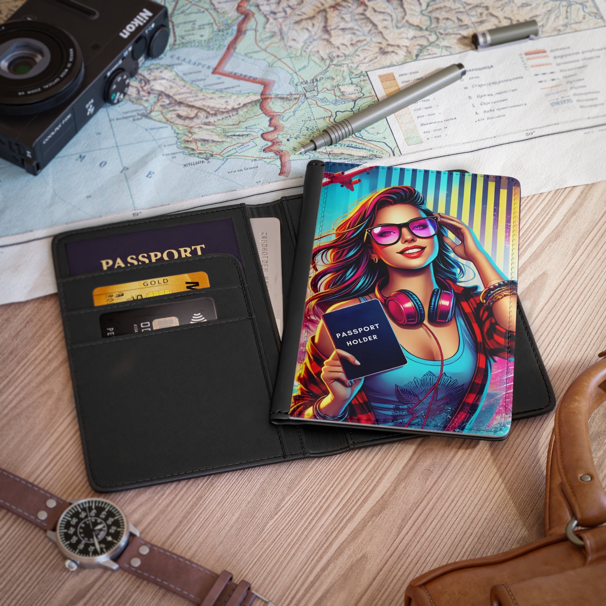 Colorful Travel Passport Cover – Retro Woman with Headphones & Pas sport Holder Design