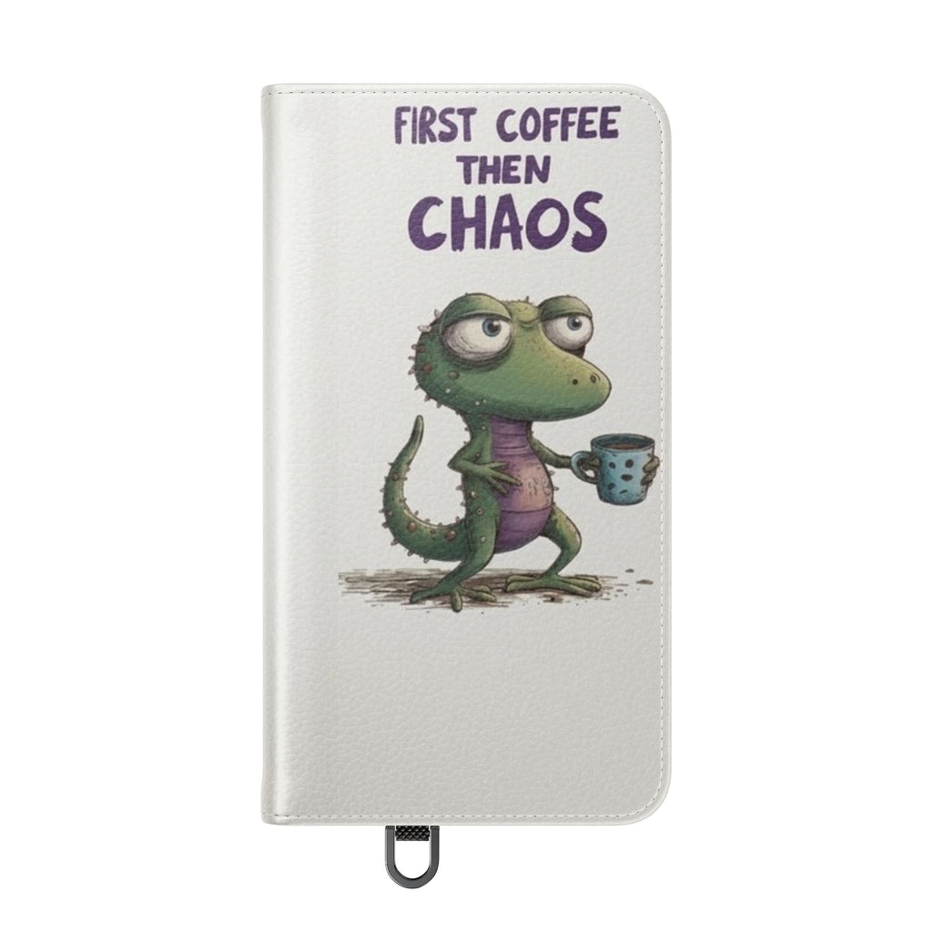 Flip Case — "First Coffee Then Chaos" Cute Dino Phone Wallet