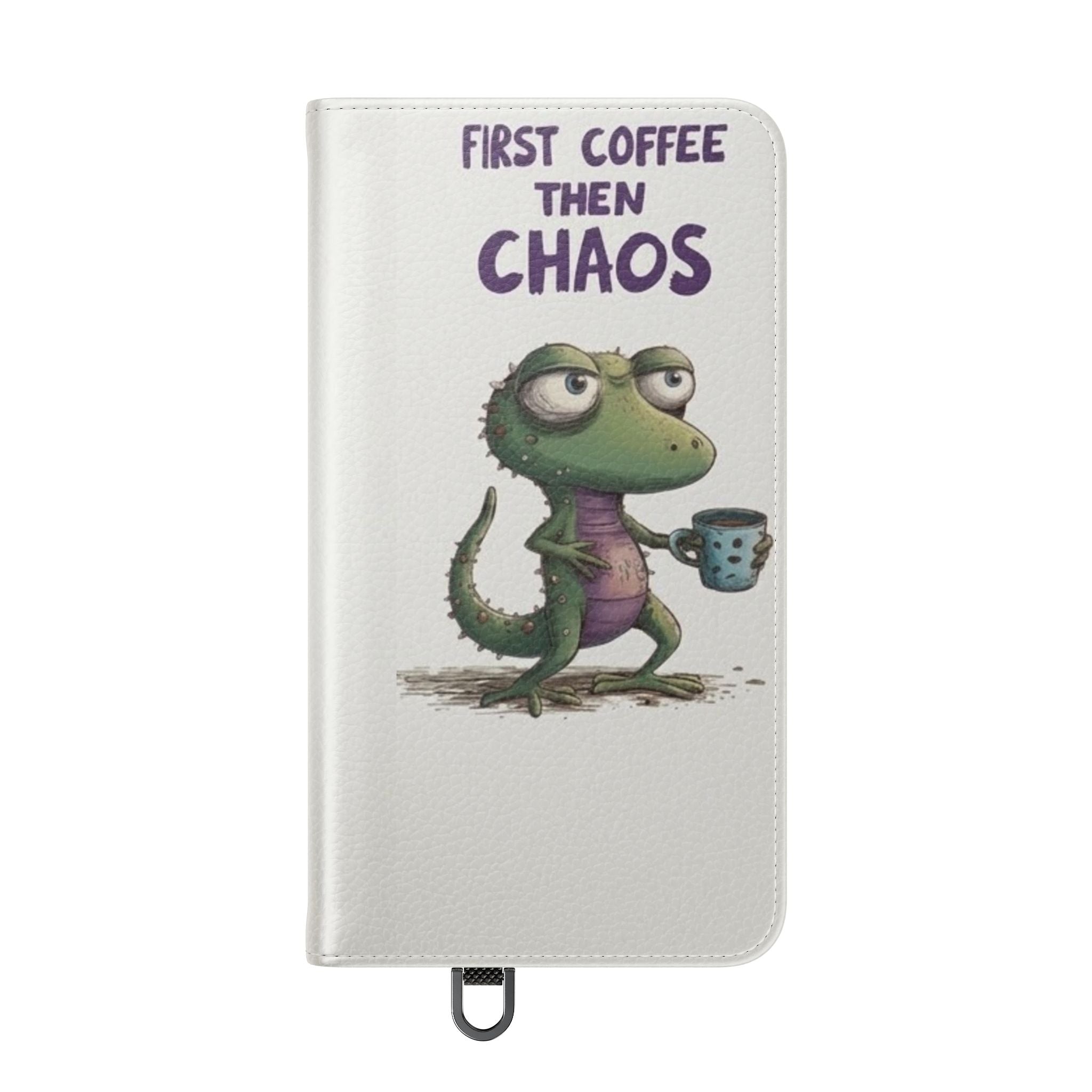Flip Case — "First Coffee Then Chaos" Cute Dino Phone Wallet