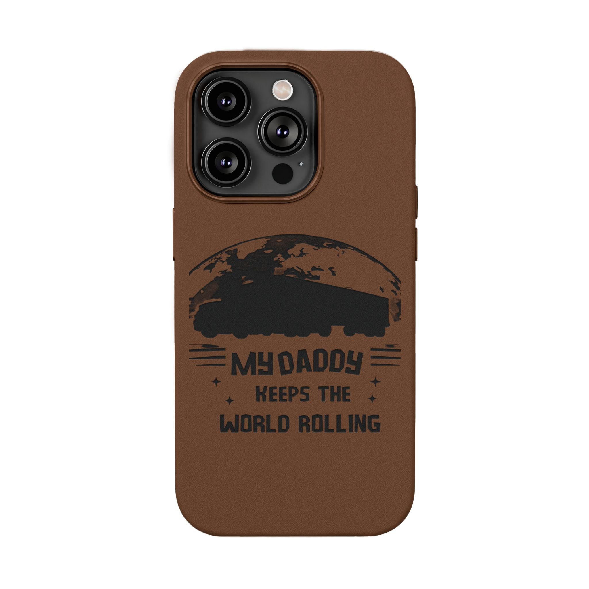 Engraved PU Leather Phone Case — 'Mhdaddy Keeps the World Rolling' Vintage Van Design