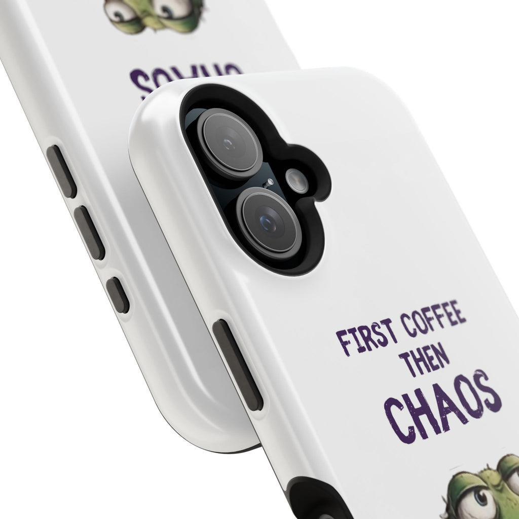 Impact-Resistant Phone Case — "First Coffee Then Chaos" Cute Lizard Coffee Design