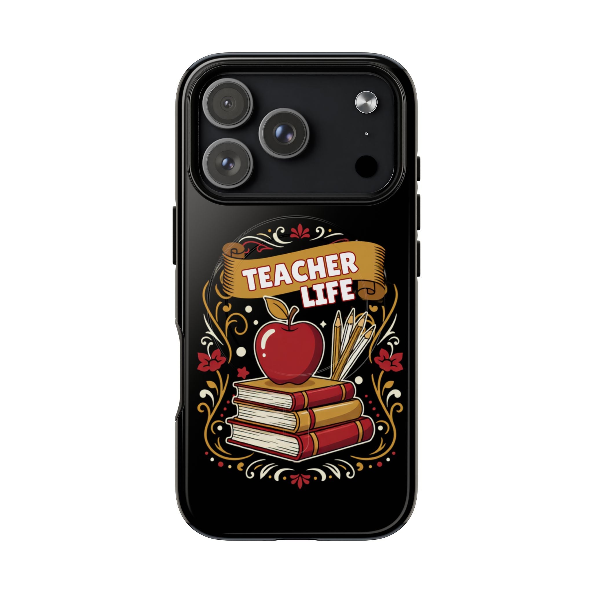 Teacher Life Phone Case - Tough Magnetic Protective Cover with Apple & Books Design