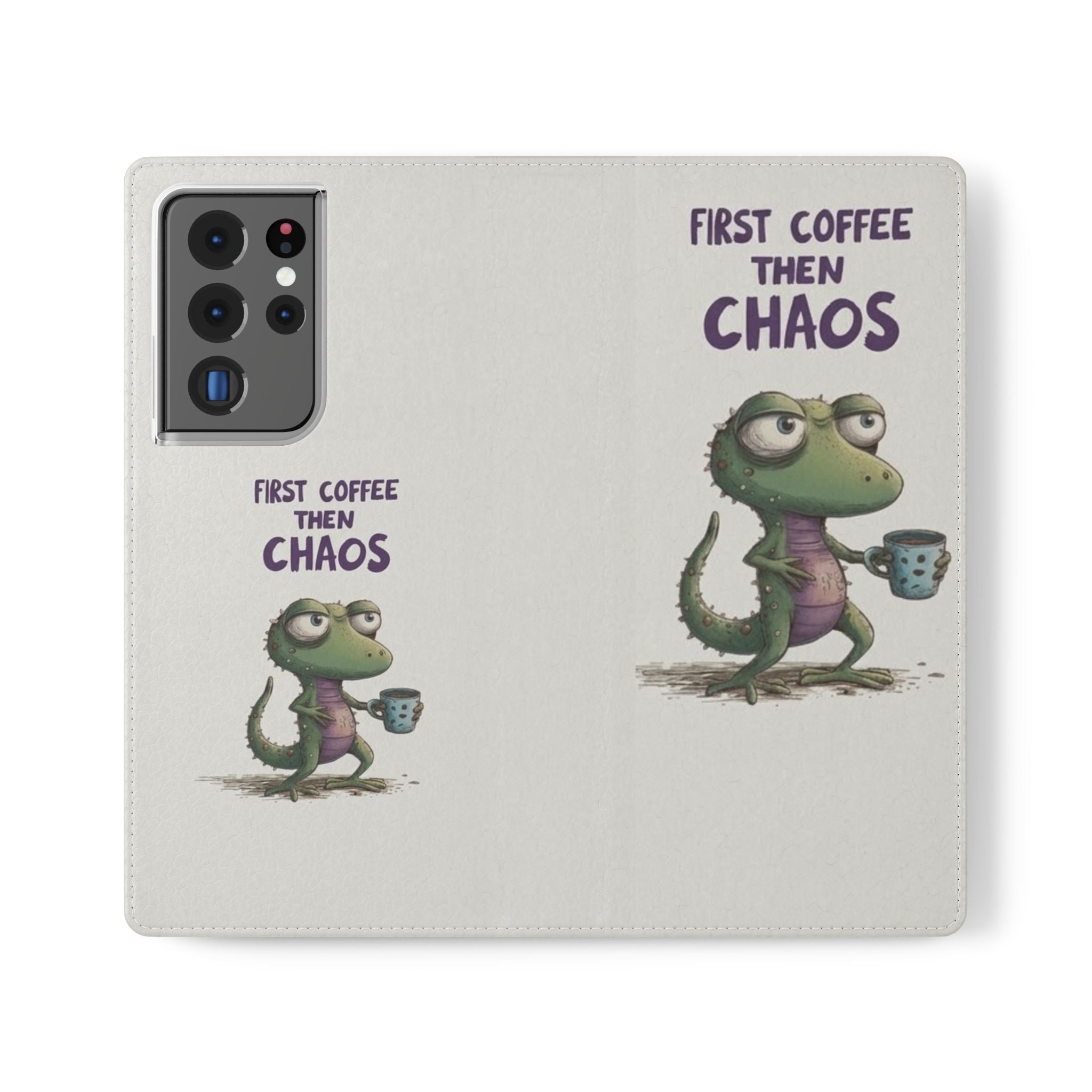 Flip Case — "First Coffee Then Chaos" Cute Dino Phone Wallet