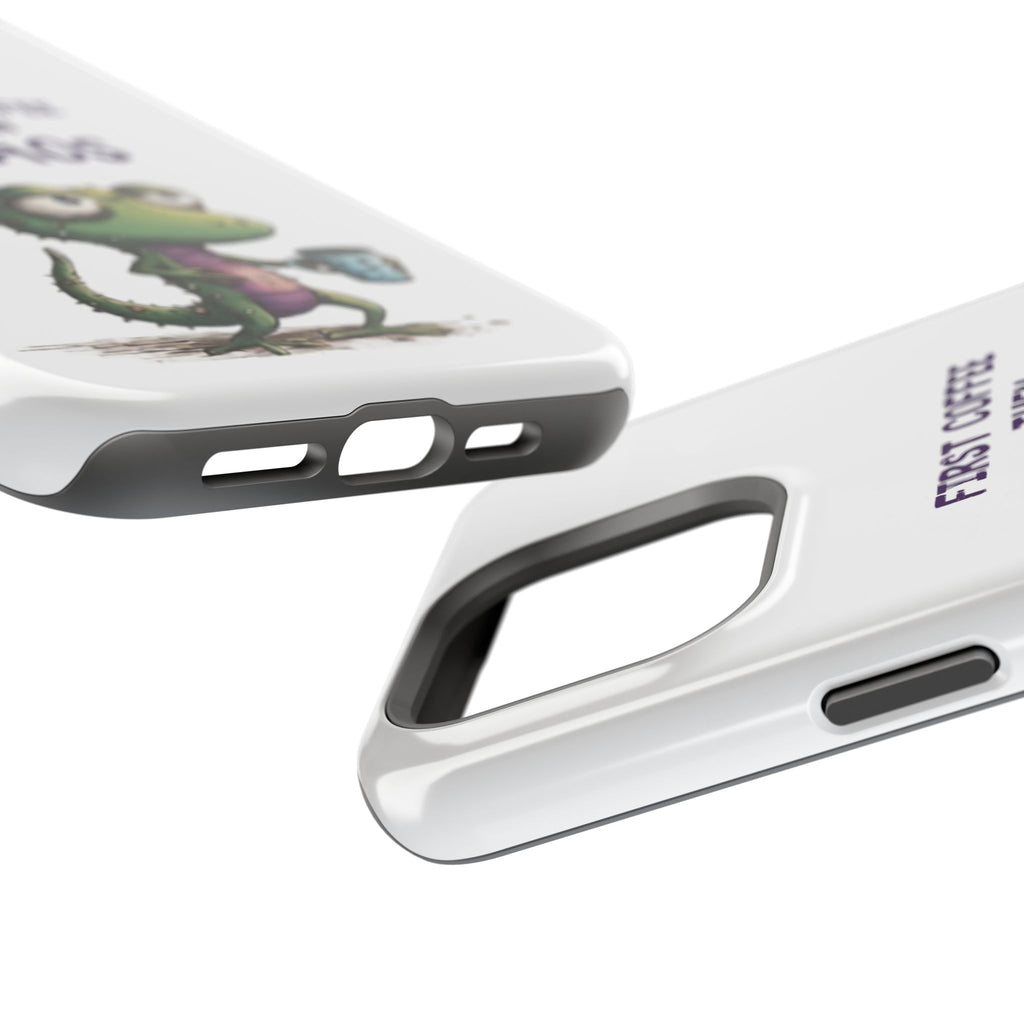 Impact-Resistant Phone Case — "First Coffee Then Chaos" Cute Lizard Coffee Design