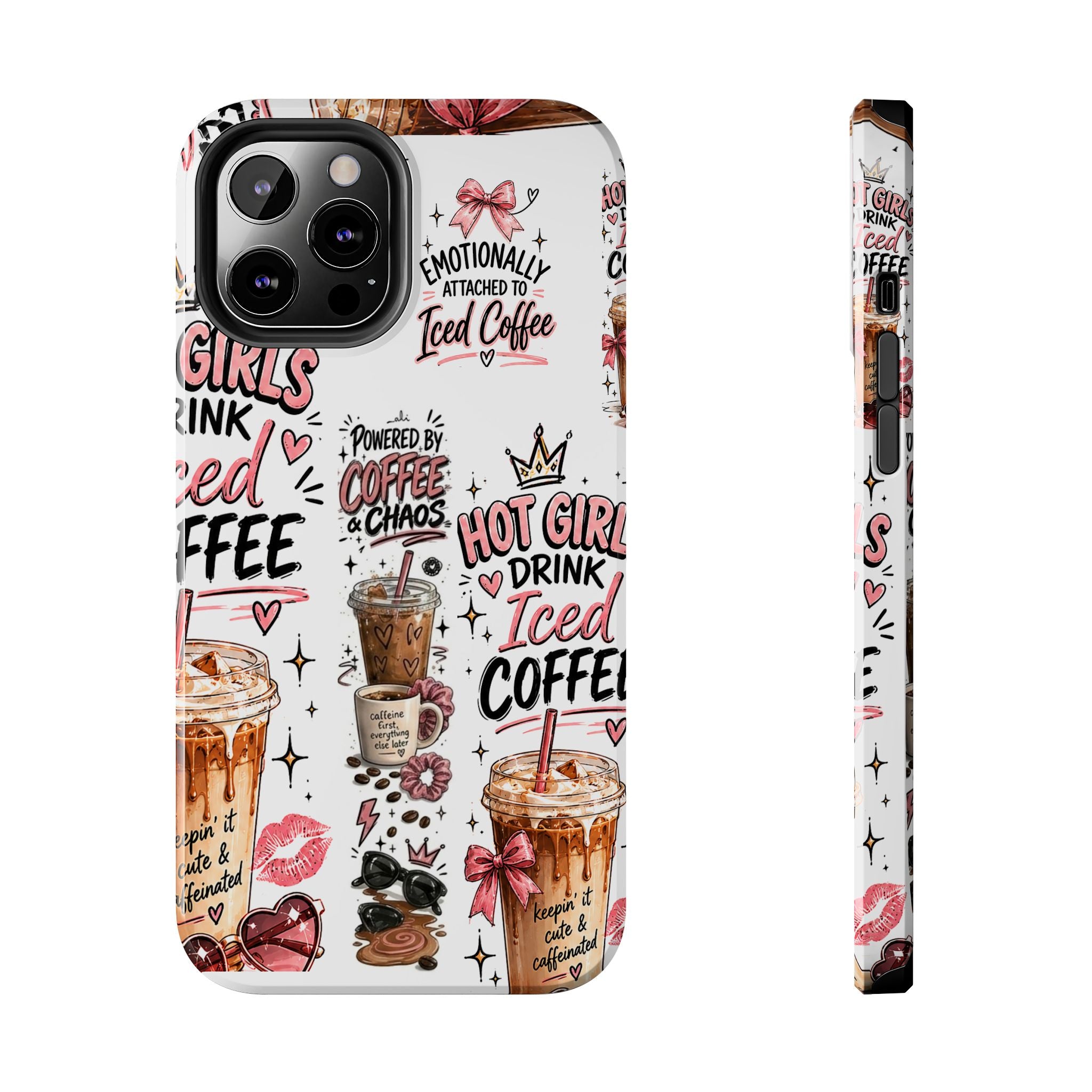 Iced Coffee Pattern Phone Case – "Powered by Coffee & Chaos" Tough Protective Case