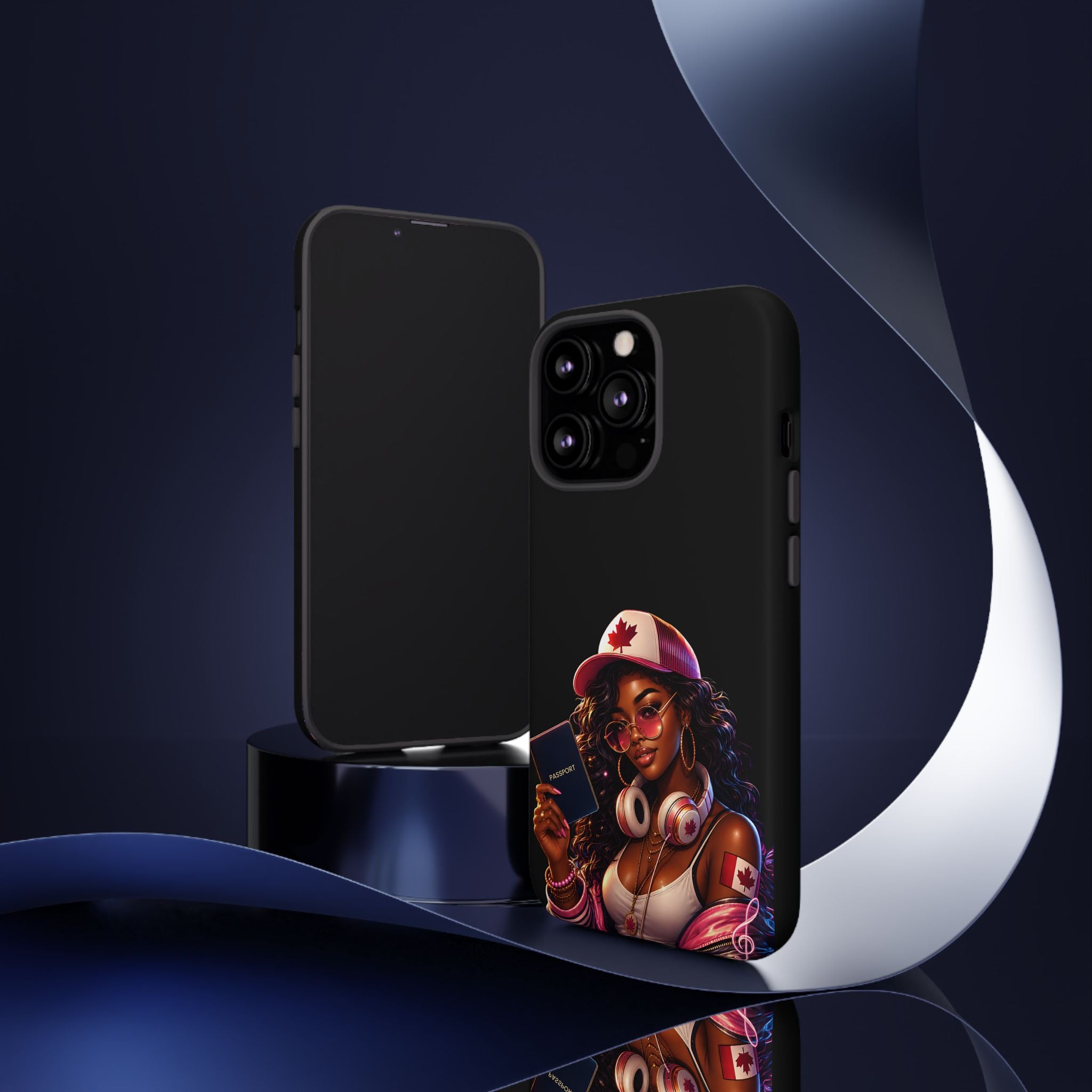 Canadian Vibes Phone Case — Afrobeat Girl with Headphones & Passport Design