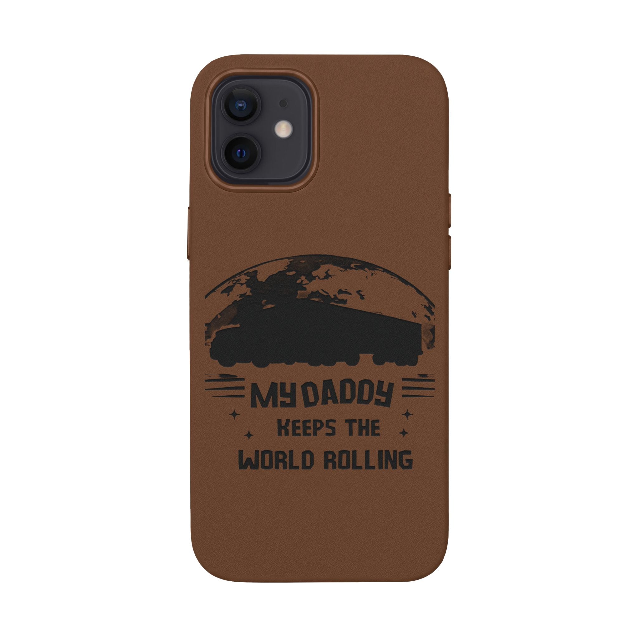 Engraved PU Leather Phone Case — 'Mhdaddy Keeps the World Rolling' Vintage Van Design