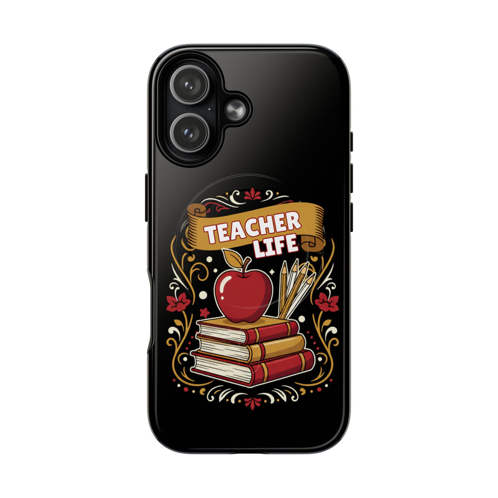 Teacher Life Phone Case - Tough Magnetic Protective Cover with Apple & Books Design