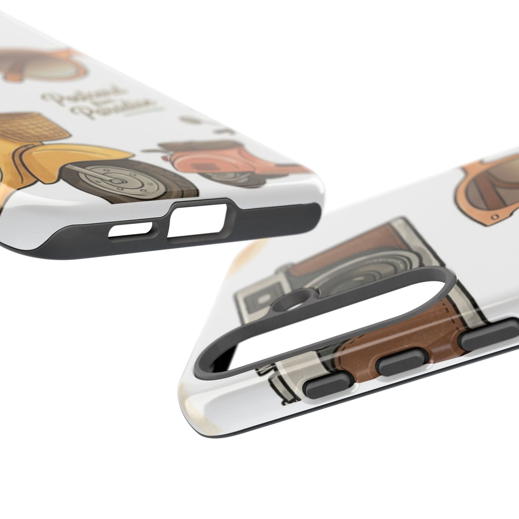 Vintage Summer Beach Phone Case — Feminine Travel Pattern with Cameras, Sunglasses & Scooter