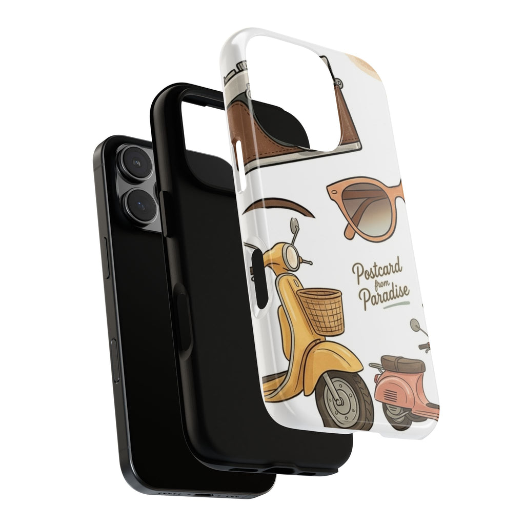 Vintage Summer Beach Phone Case — Feminine Travel Pattern with Cameras, Sunglasses & Scooter