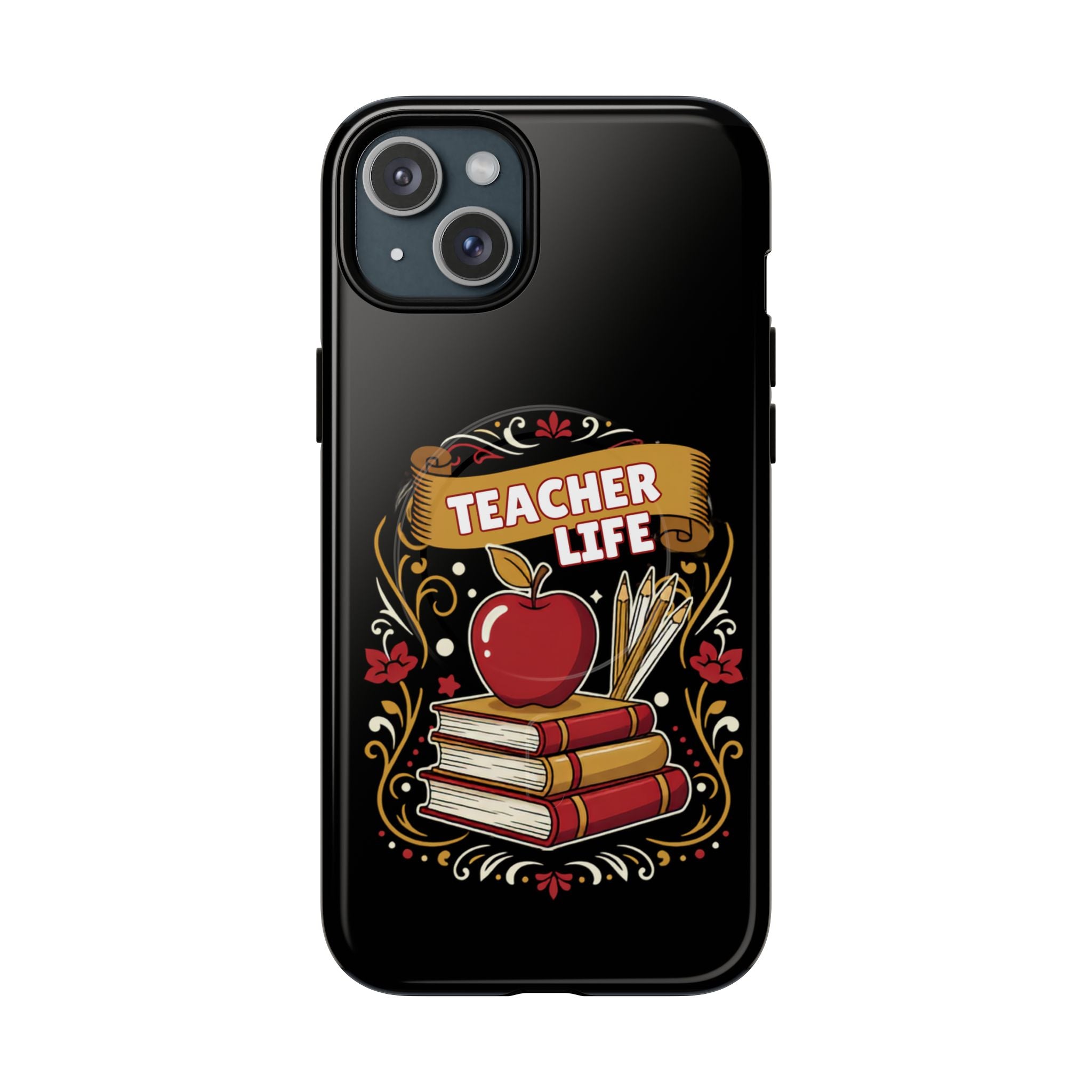 Teacher Life Phone Case - Tough Magnetic Protective Cover with Apple & Books Design