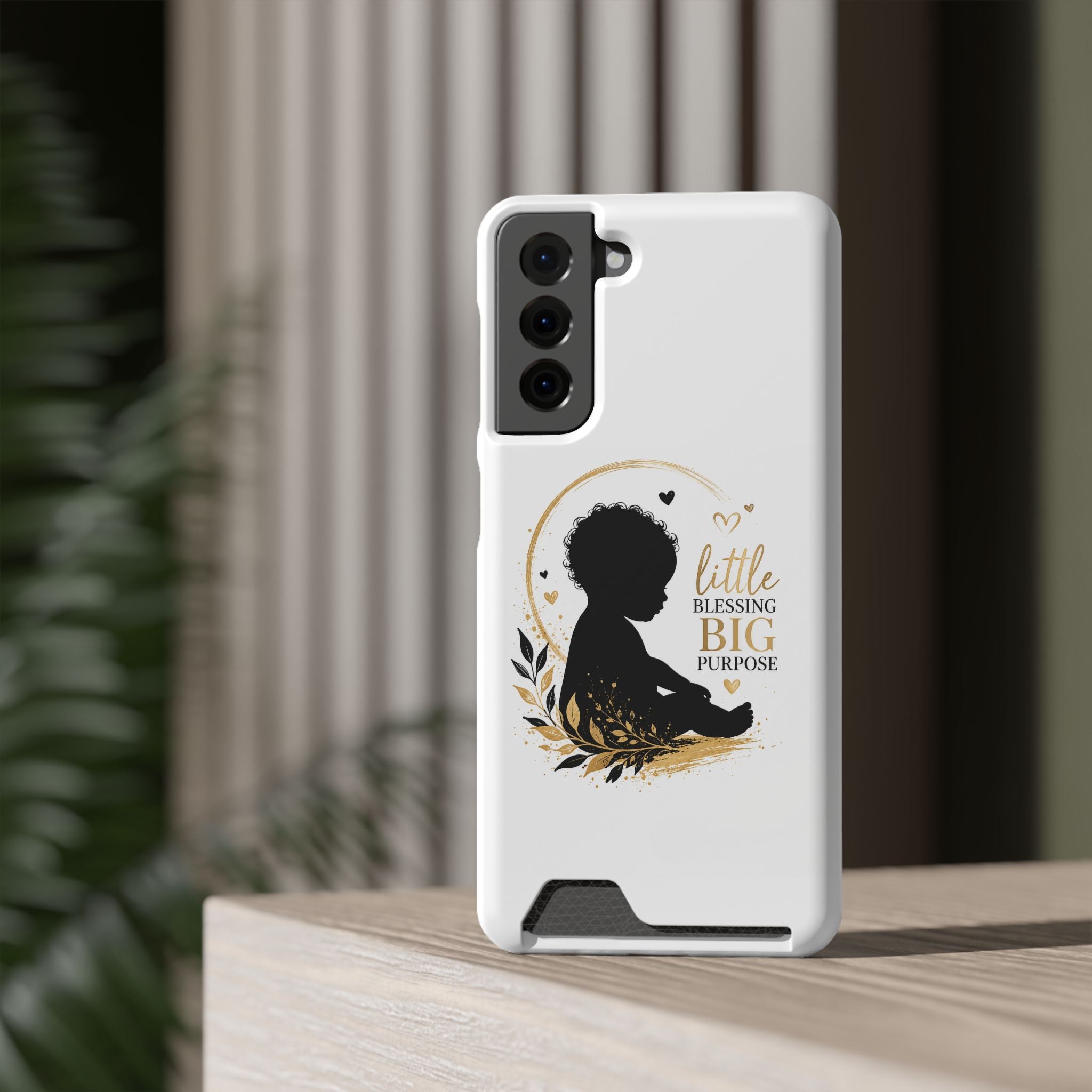 Phone Case with Card Holder — "Little Blessing Big Purpose" Silhouette Baby Design