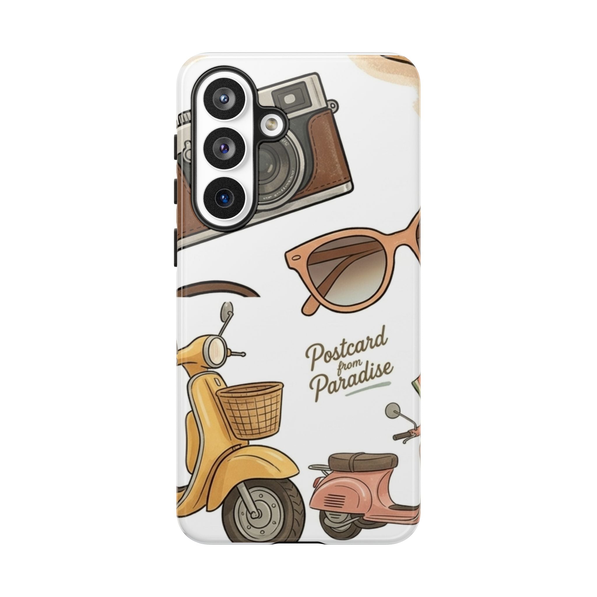 Vintage Summer Beach Phone Case — Feminine Travel Pattern with Cameras, Sunglasses & Scooter