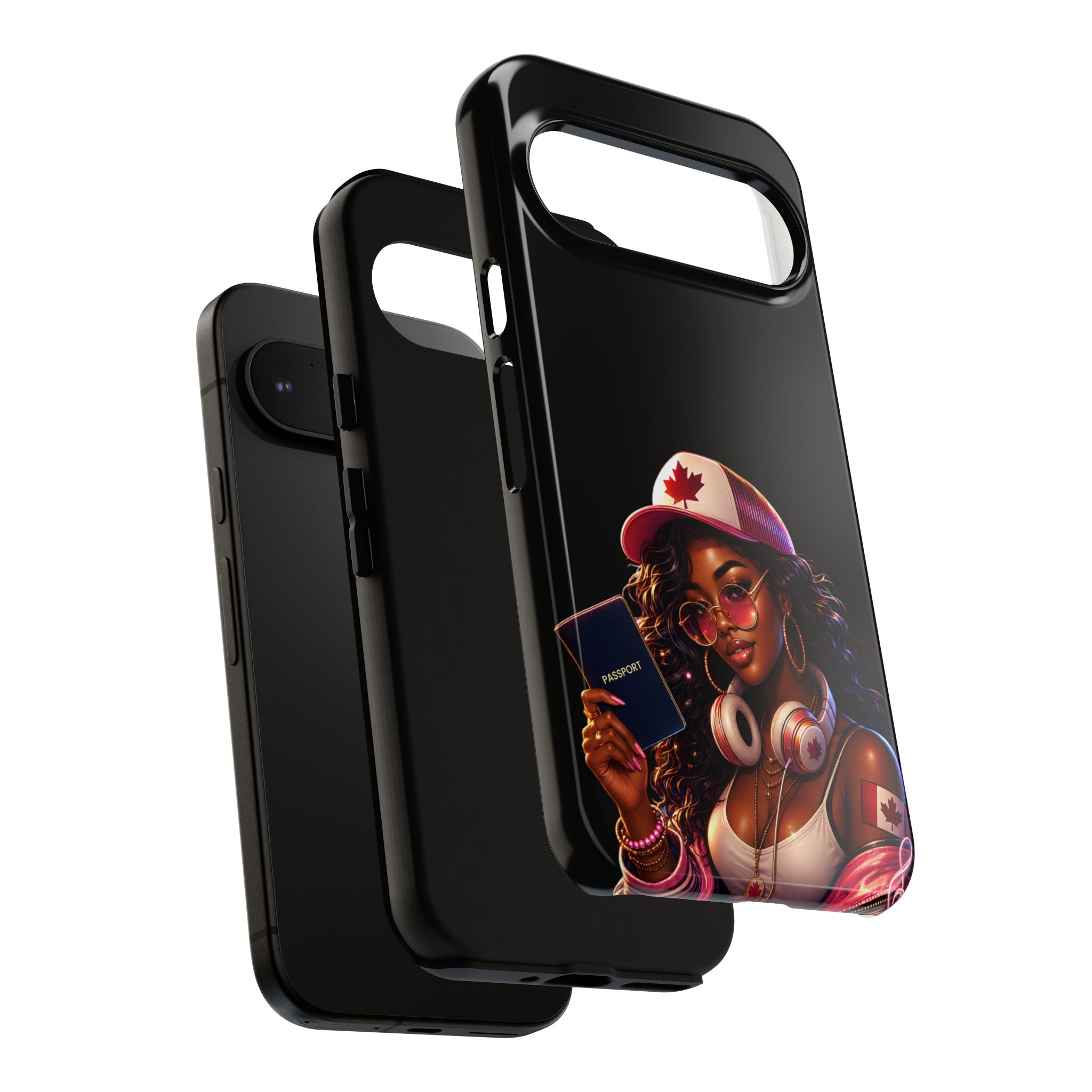 Canadian Vibes Phone Case — Afrobeat Girl with Headphones & Passport Design