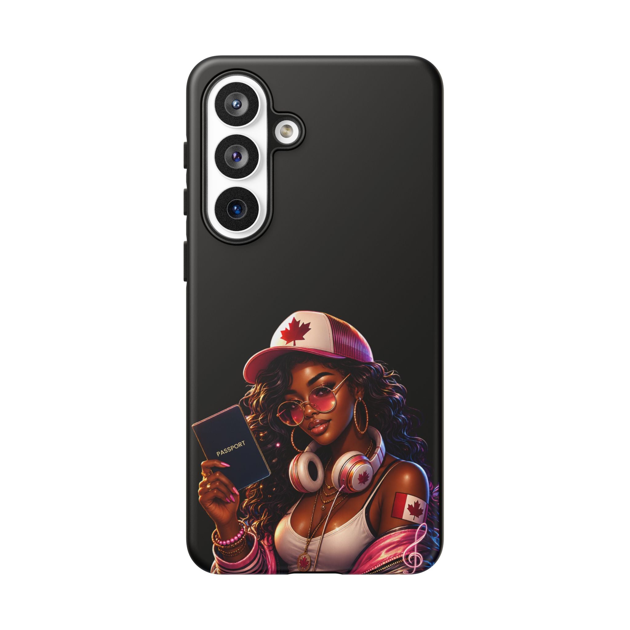 Canadian Vibes Phone Case — Afrobeat Girl with Headphones & Passport Design