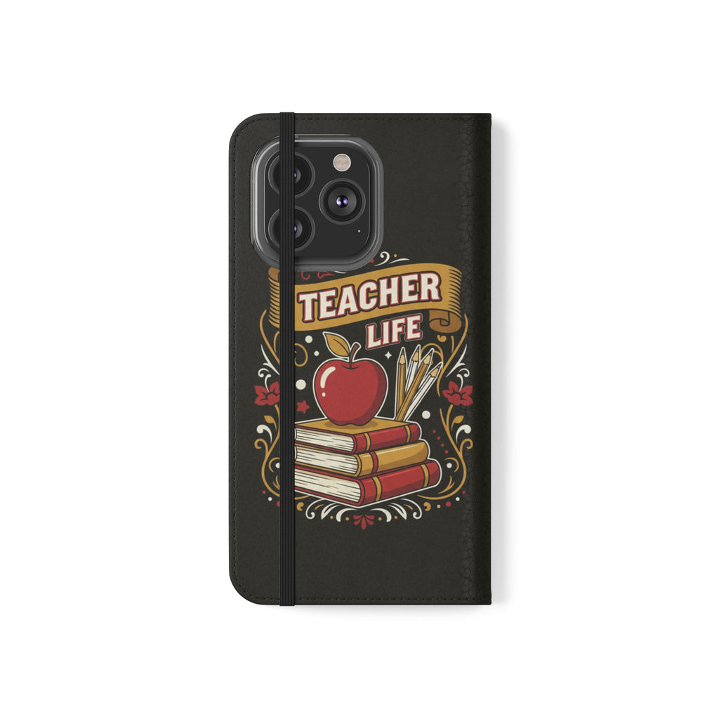 Teacher Life Flip Phone Case – Wallet Folio with Apple & Books Design