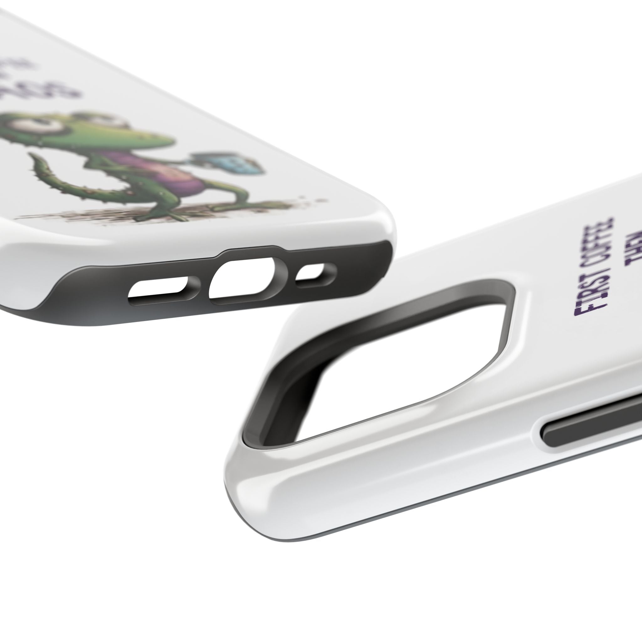 Impact-Resistant Phone Case — "First Coffee Then Chaos" Cute Lizard Coffee Design
