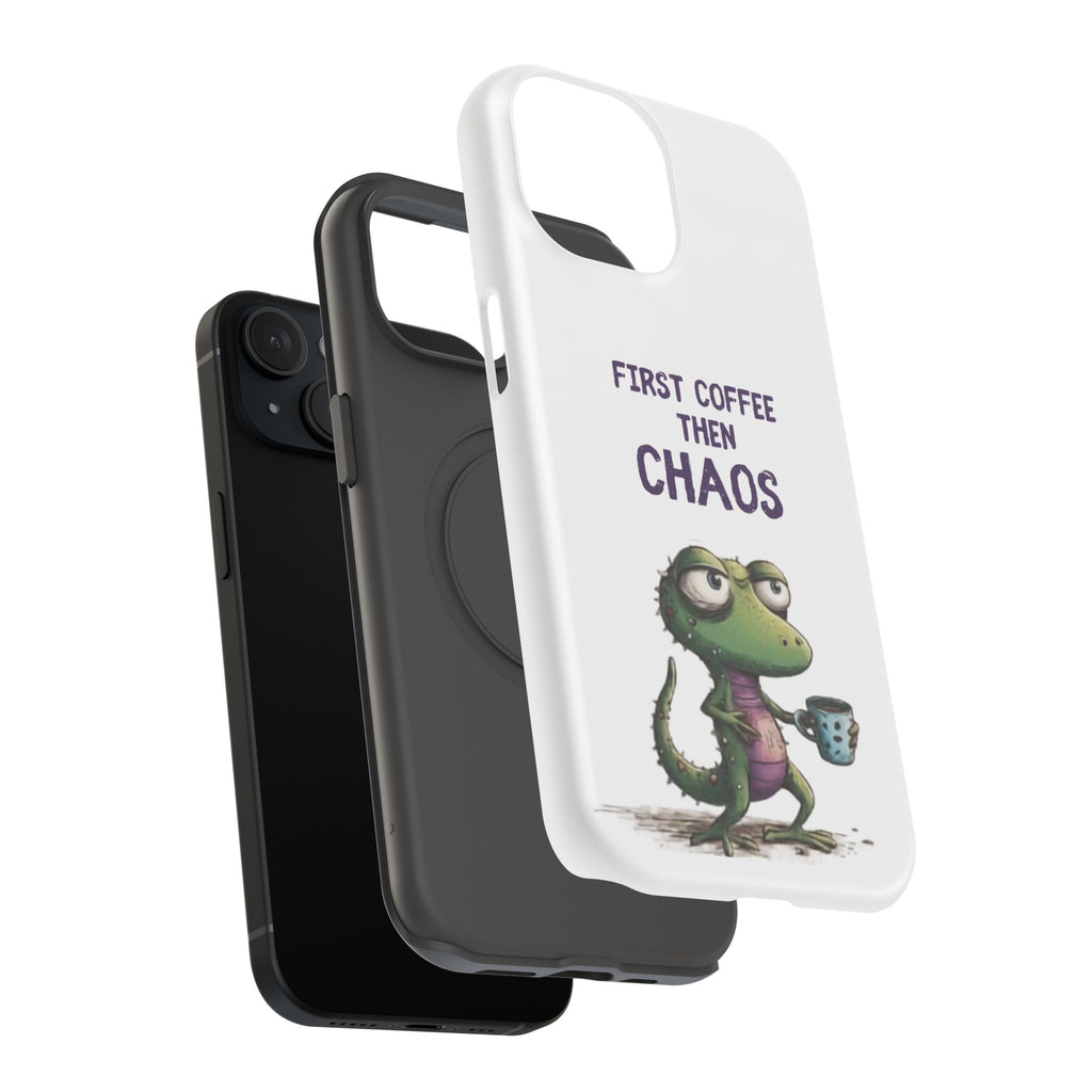 Impact-Resistant Phone Case — "First Coffee Then Chaos" Cute Lizard Coffee Design