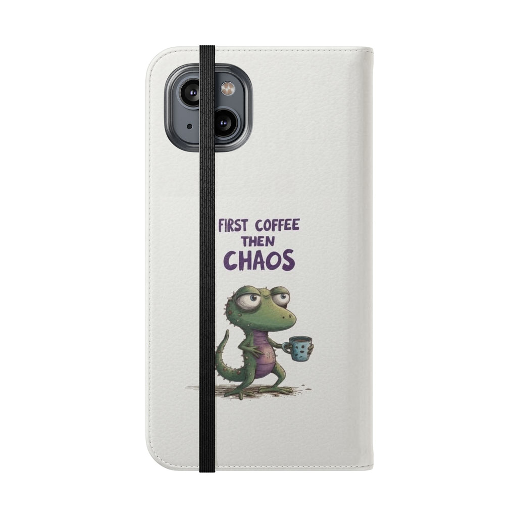 Flip Case — "First Coffee Then Chaos" Cute Dino Phone Wallet