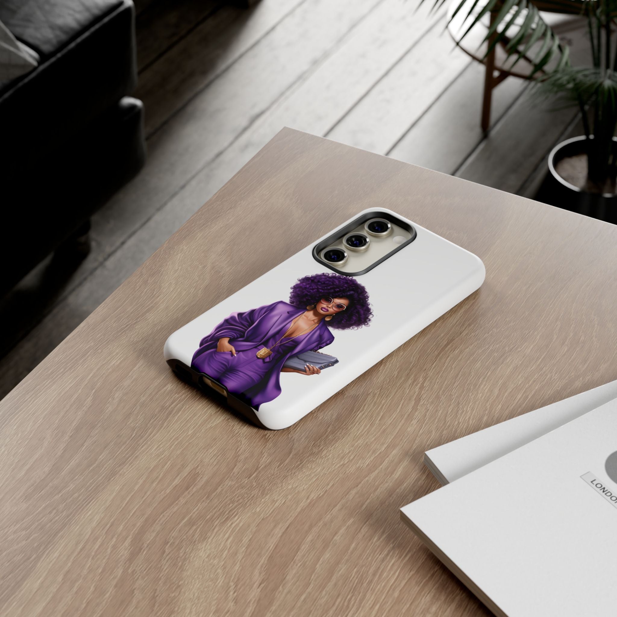 Purple Power Woman Phone Case — Afro Chic Businesswoman Protective Phone Cover