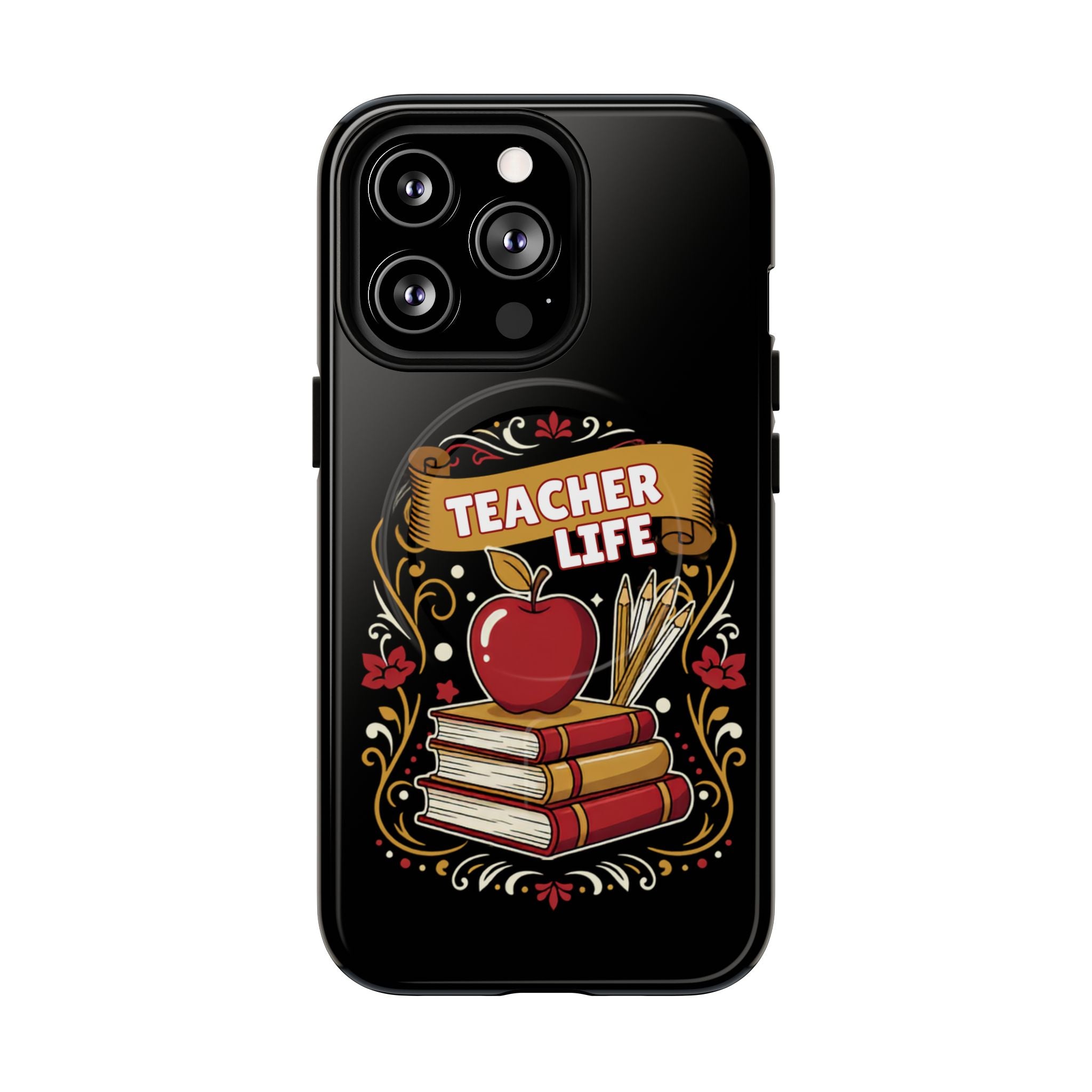 Teacher Life Phone Case - Tough Magnetic Protective Cover with Apple & Books Design