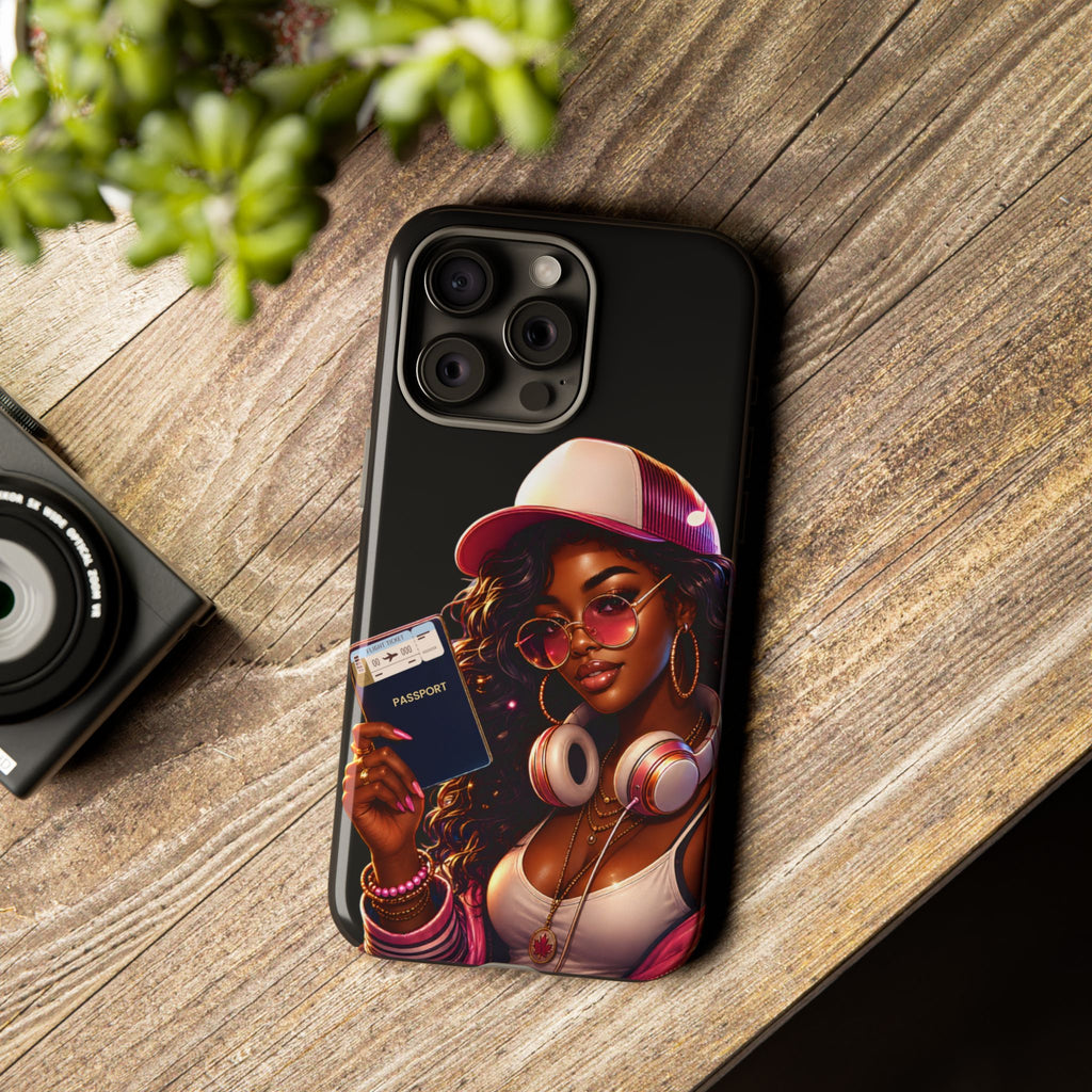 Tough Case – Stylized Urban Girl Phone Case with Headphones & Passport