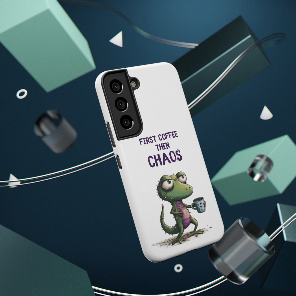 Impact-Resistant Phone Case — "First Coffee Then Chaos" Cute Lizard Coffee Design