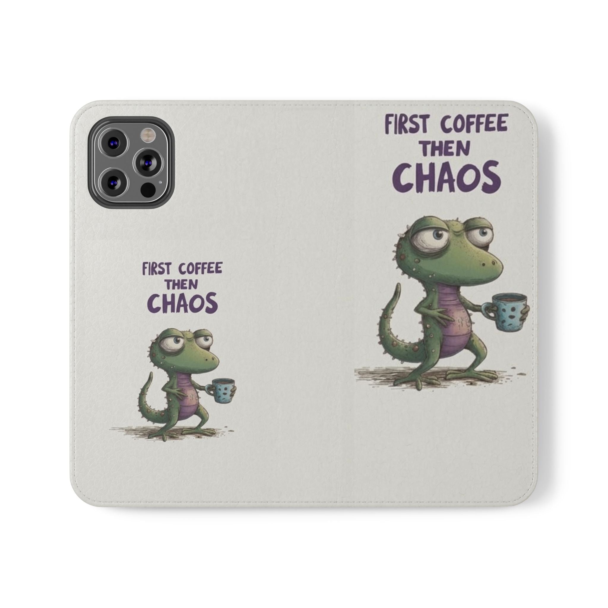 Flip Case — "First Coffee Then Chaos" Cute Dino Phone Wallet