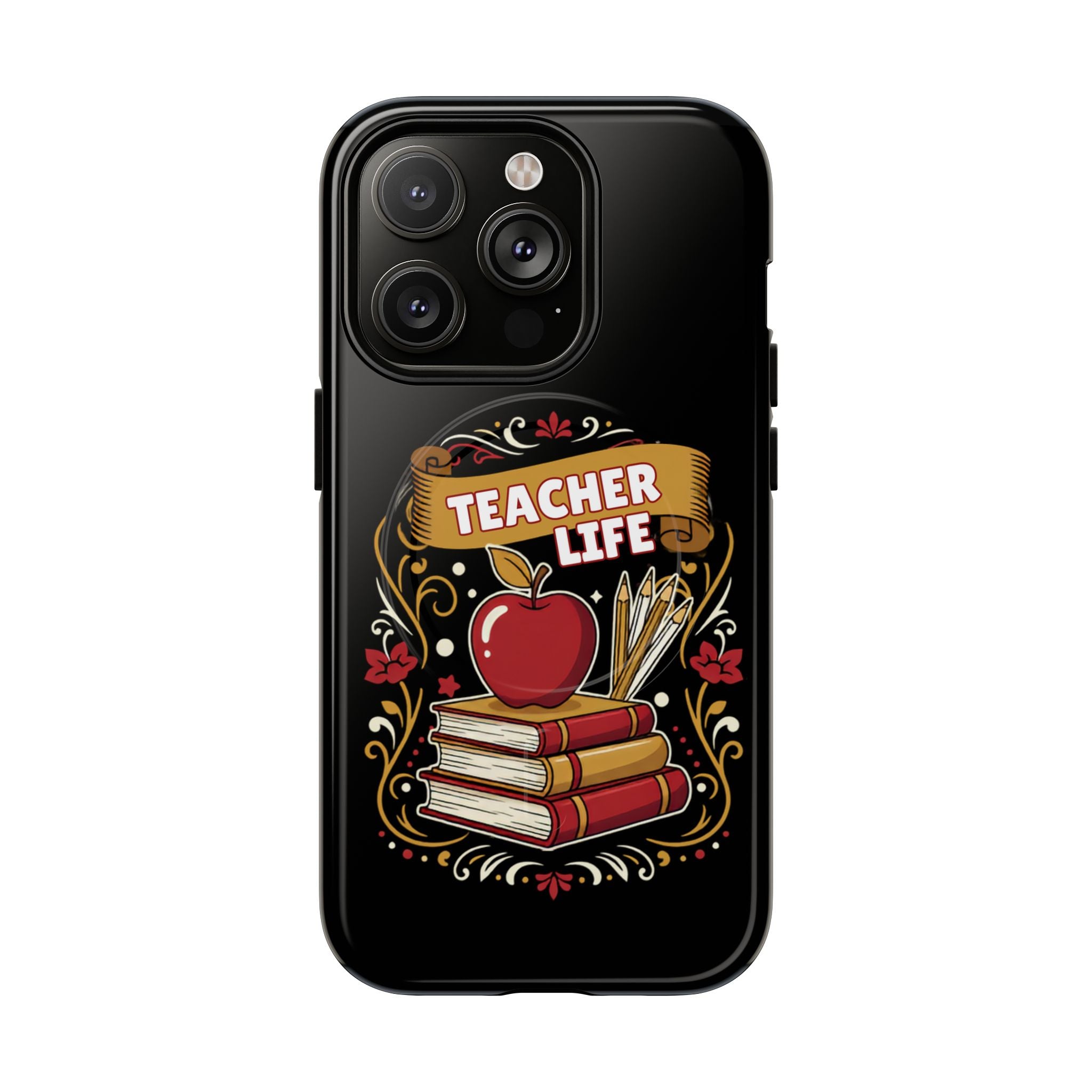 Teacher Life Phone Case - Tough Magnetic Protective Cover with Apple & Books Design