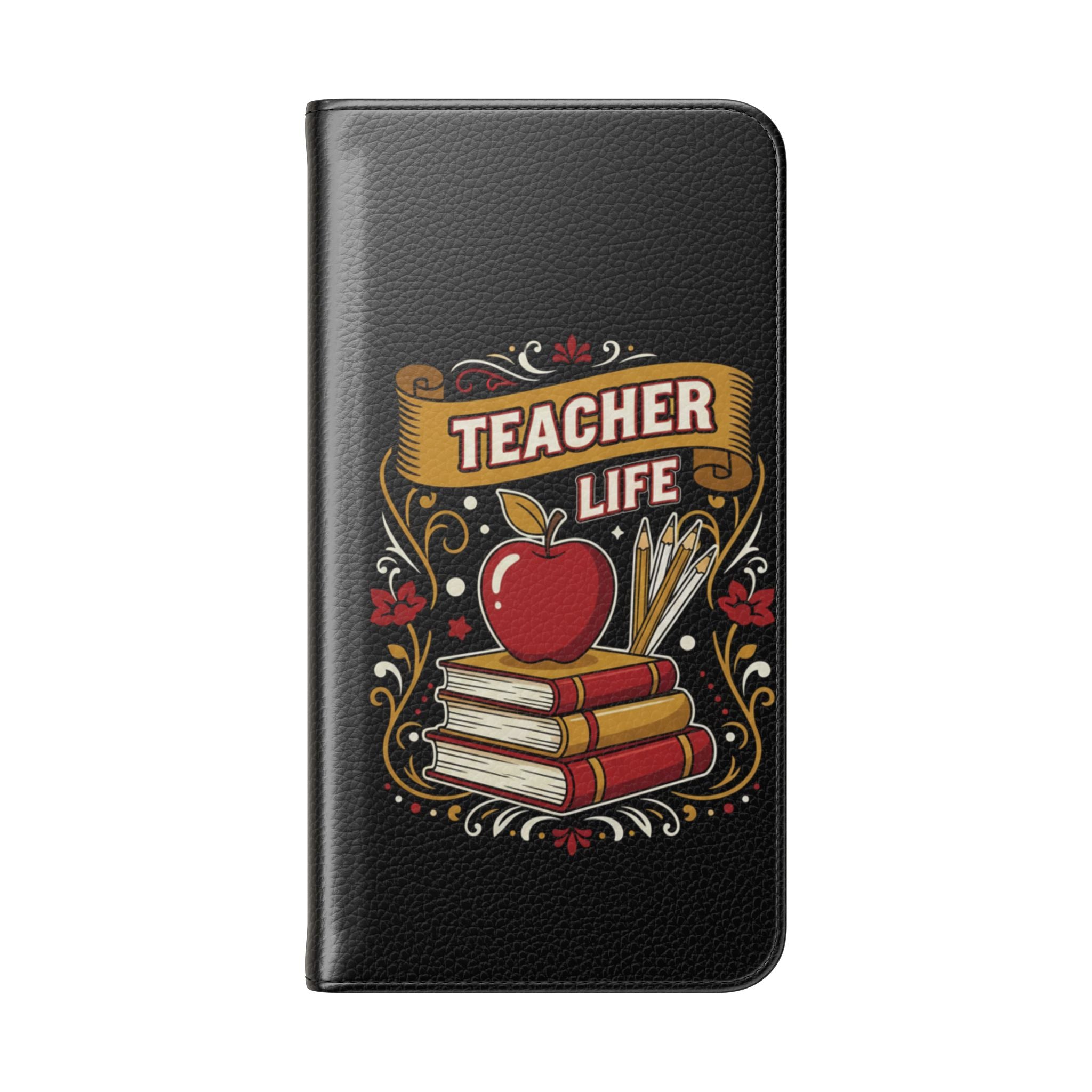 Teacher Life Flip Phone Case – Wallet Folio with Apple & Books Design
