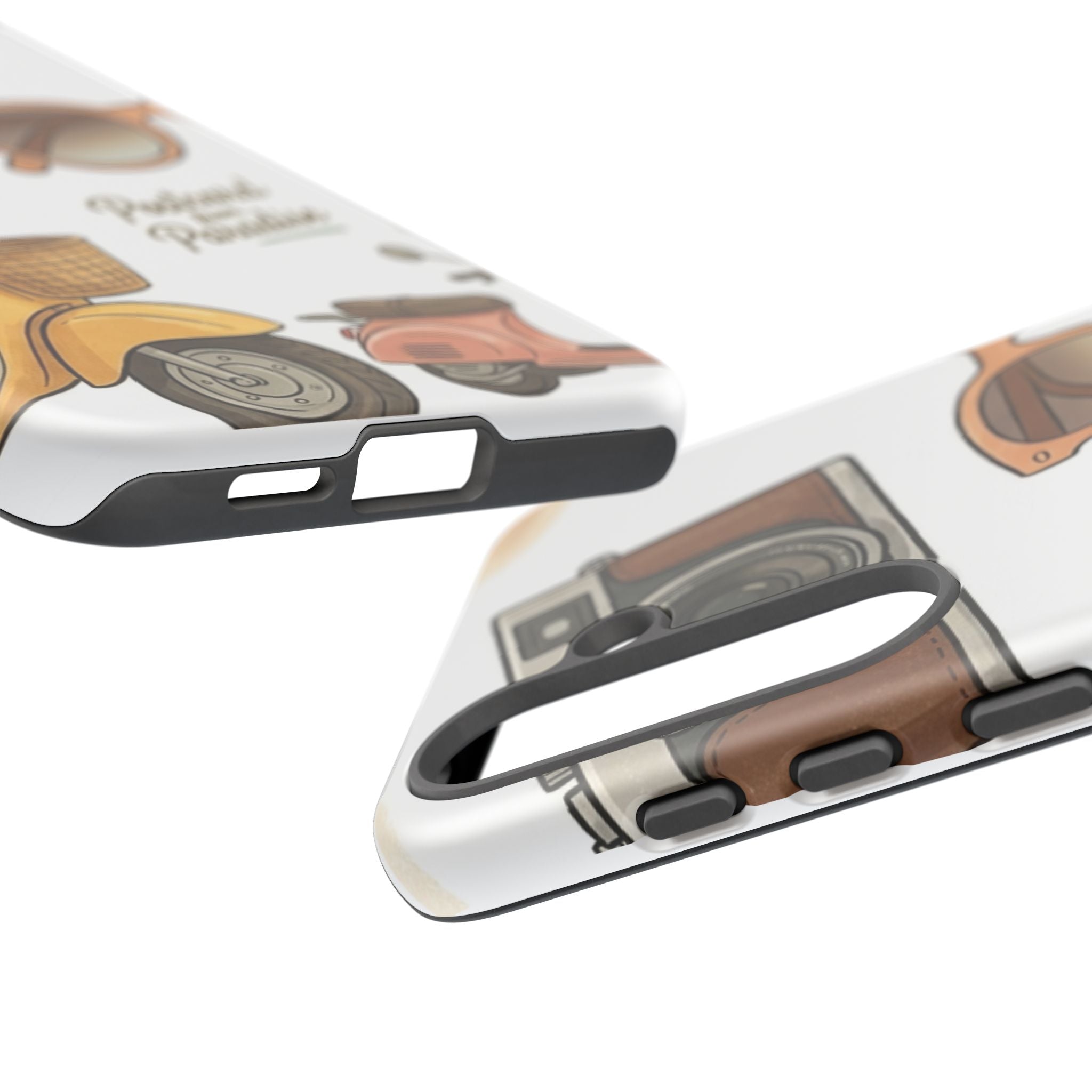 Vintage Summer Beach Phone Case — Feminine Travel Pattern with Cameras, Sunglasses & Scooter