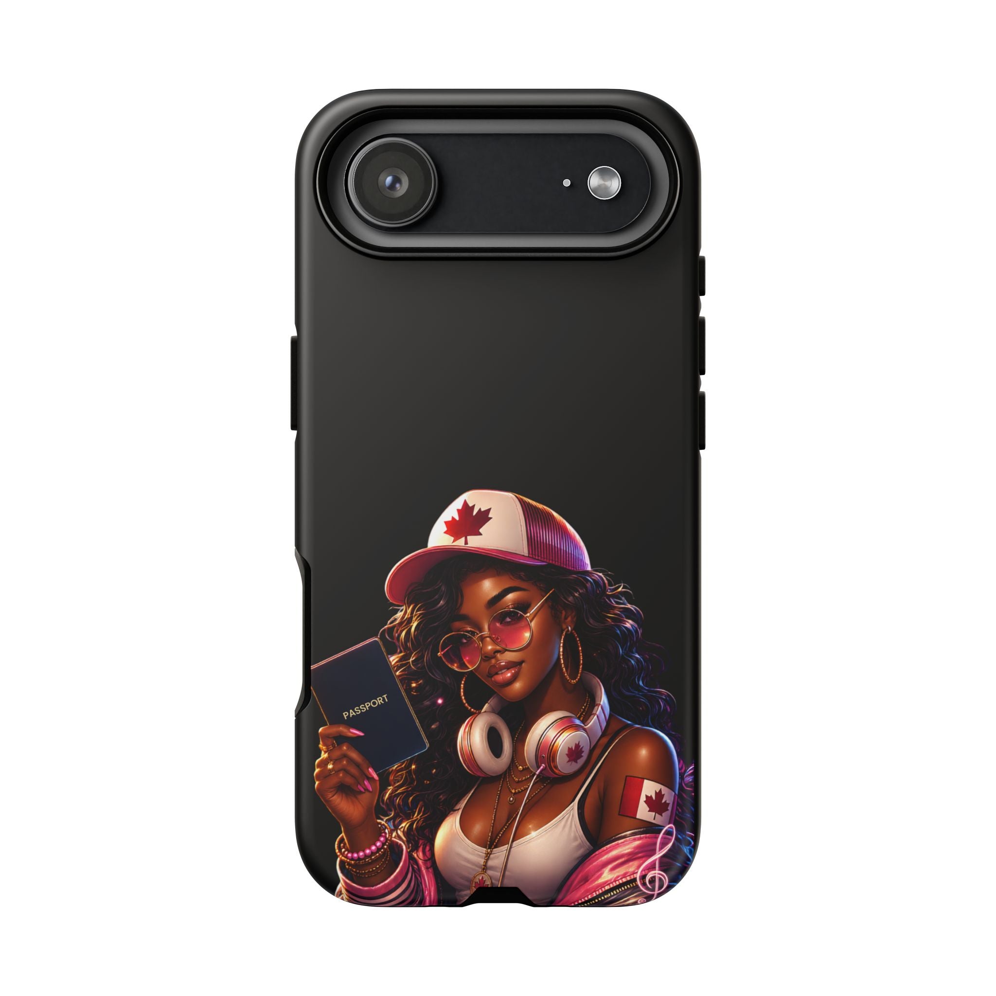 Canadian Vibes Phone Case — Afrobeat Girl with Headphones & Passport Design
