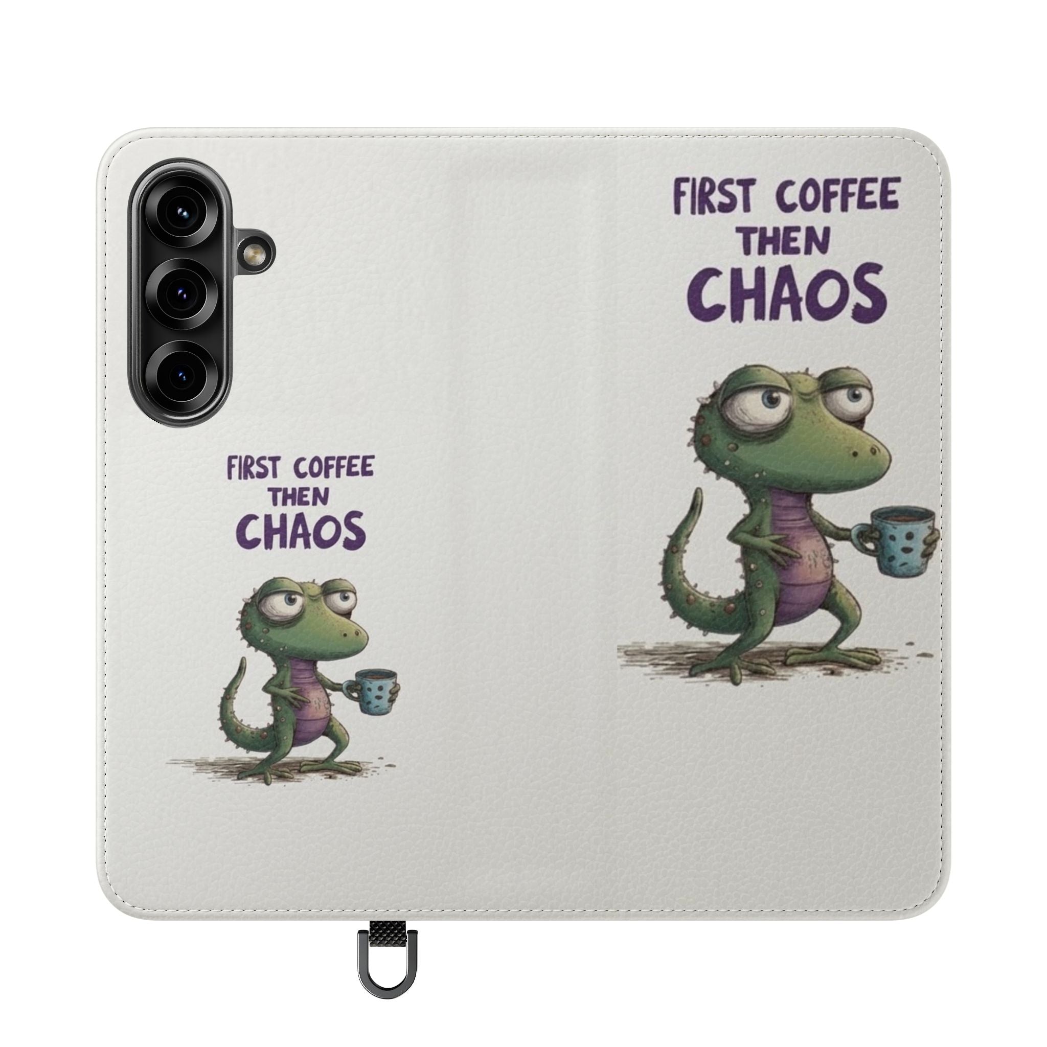 Flip Case — "First Coffee Then Chaos" Cute Dino Phone Wallet