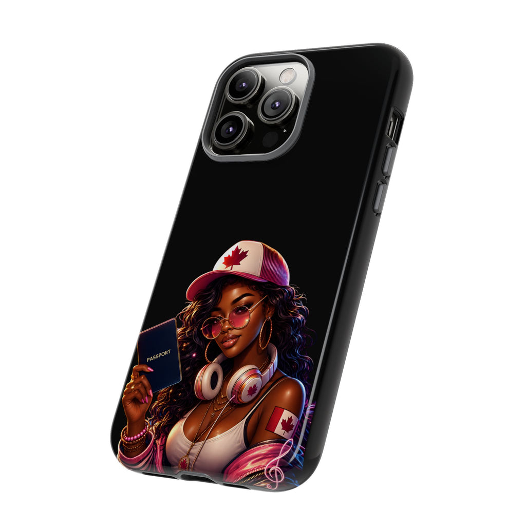 Canadian Vibes Phone Case — Afrobeat Girl with Headphones & Passport Design