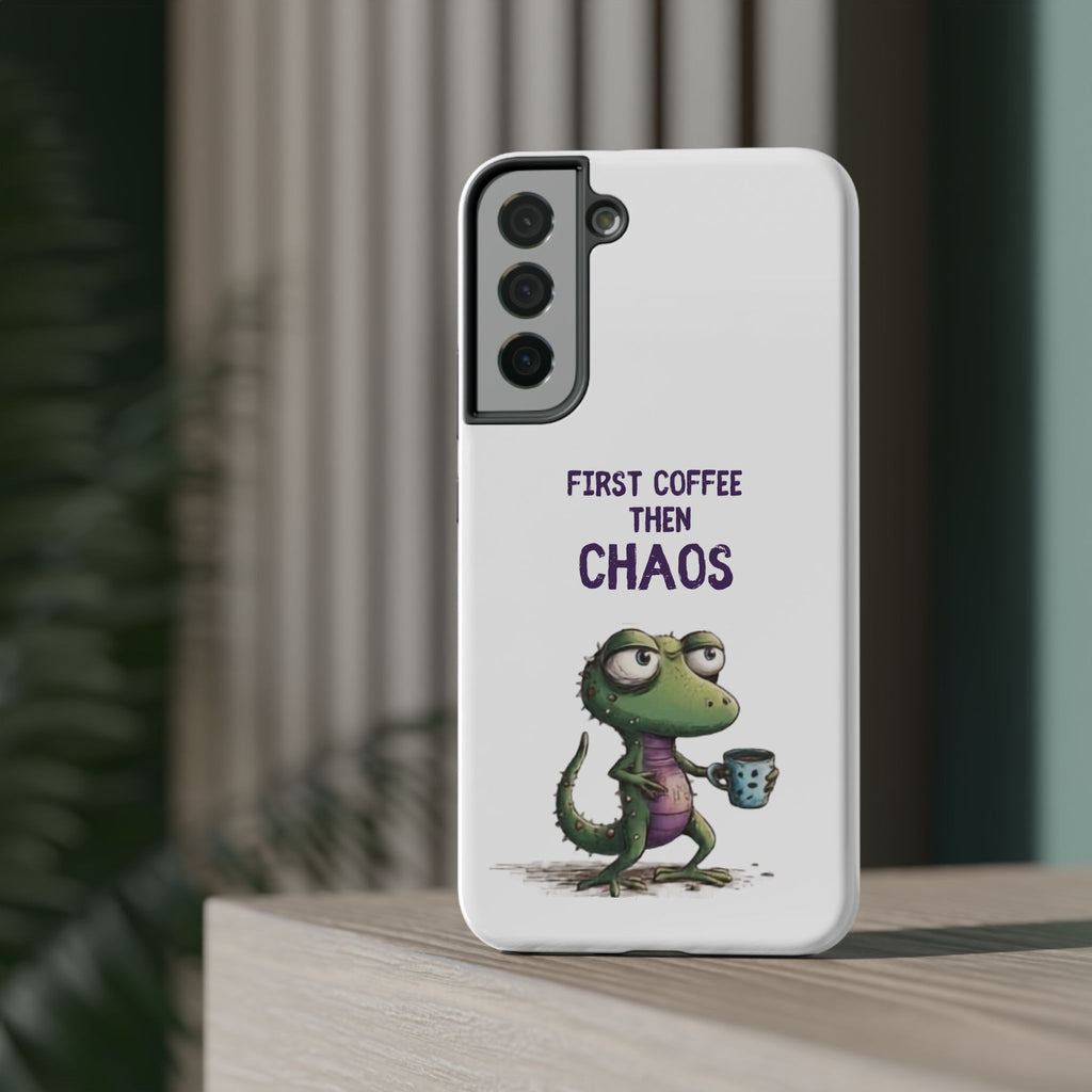 Impact-Resistant Phone Case — "First Coffee Then Chaos" Cute Lizard Coffee Design