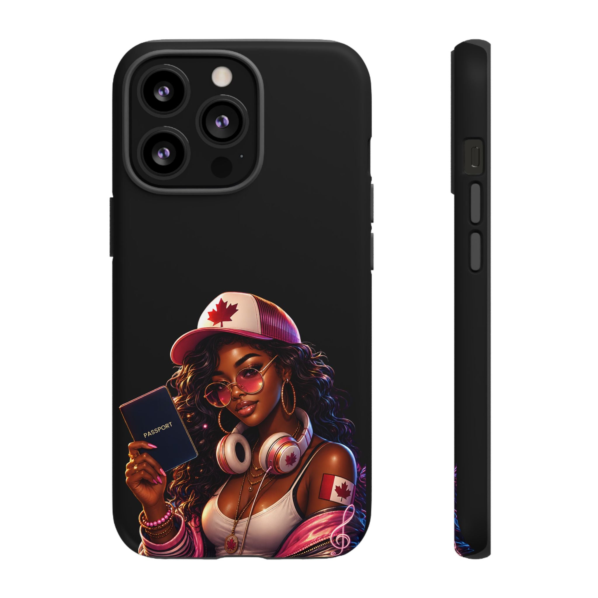 Canadian Vibes Phone Case — Afrobeat Girl with Headphones & Passport Design