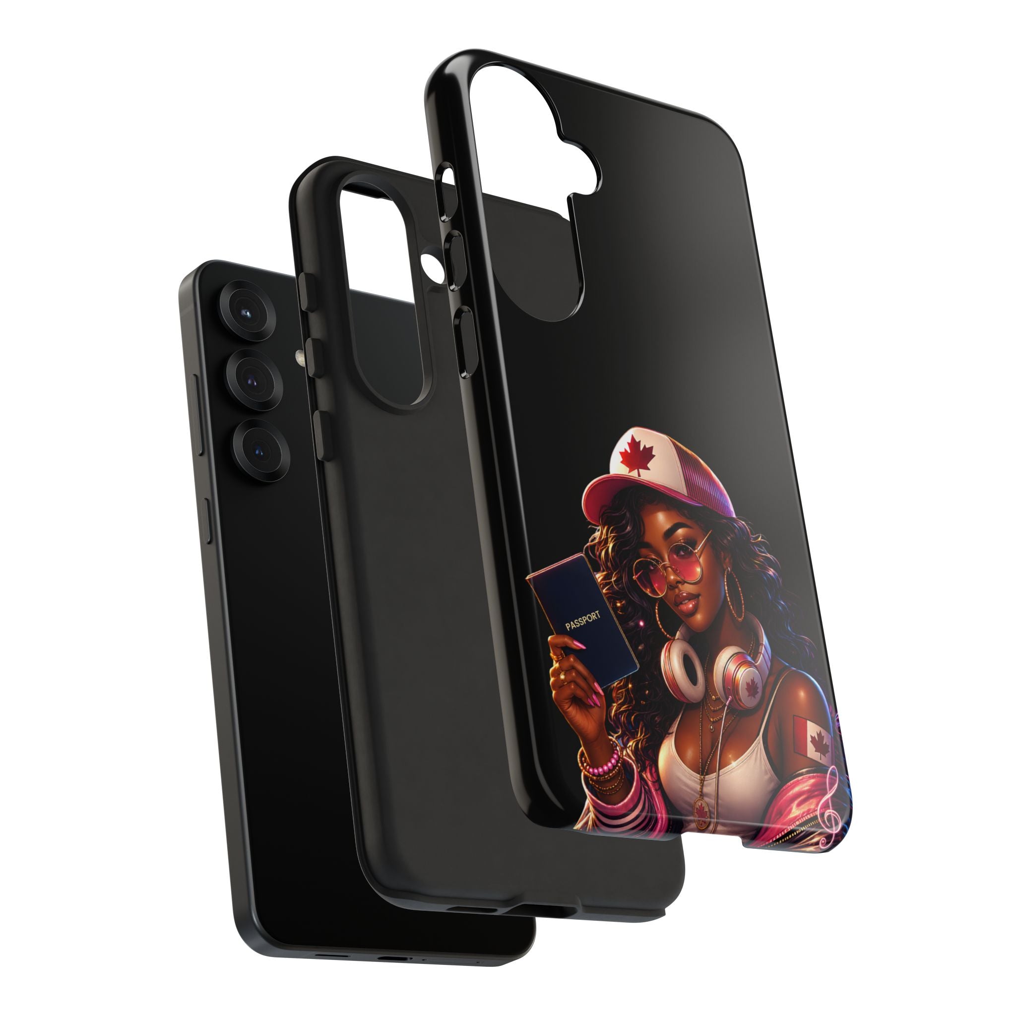 Canadian Vibes Phone Case — Afrobeat Girl with Headphones & Passport Design