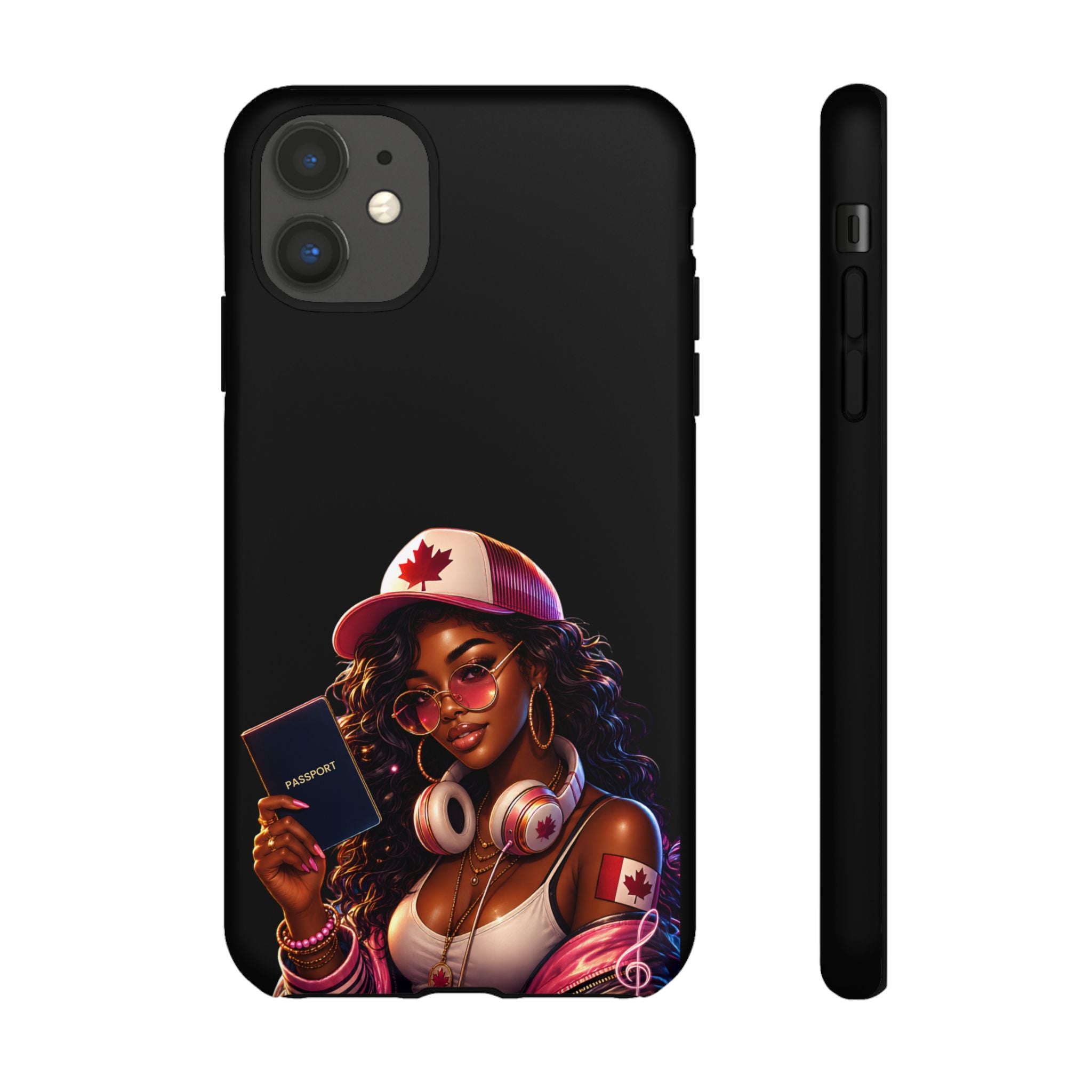 Canadian Vibes Phone Case — Afrobeat Girl with Headphones & Passport Design