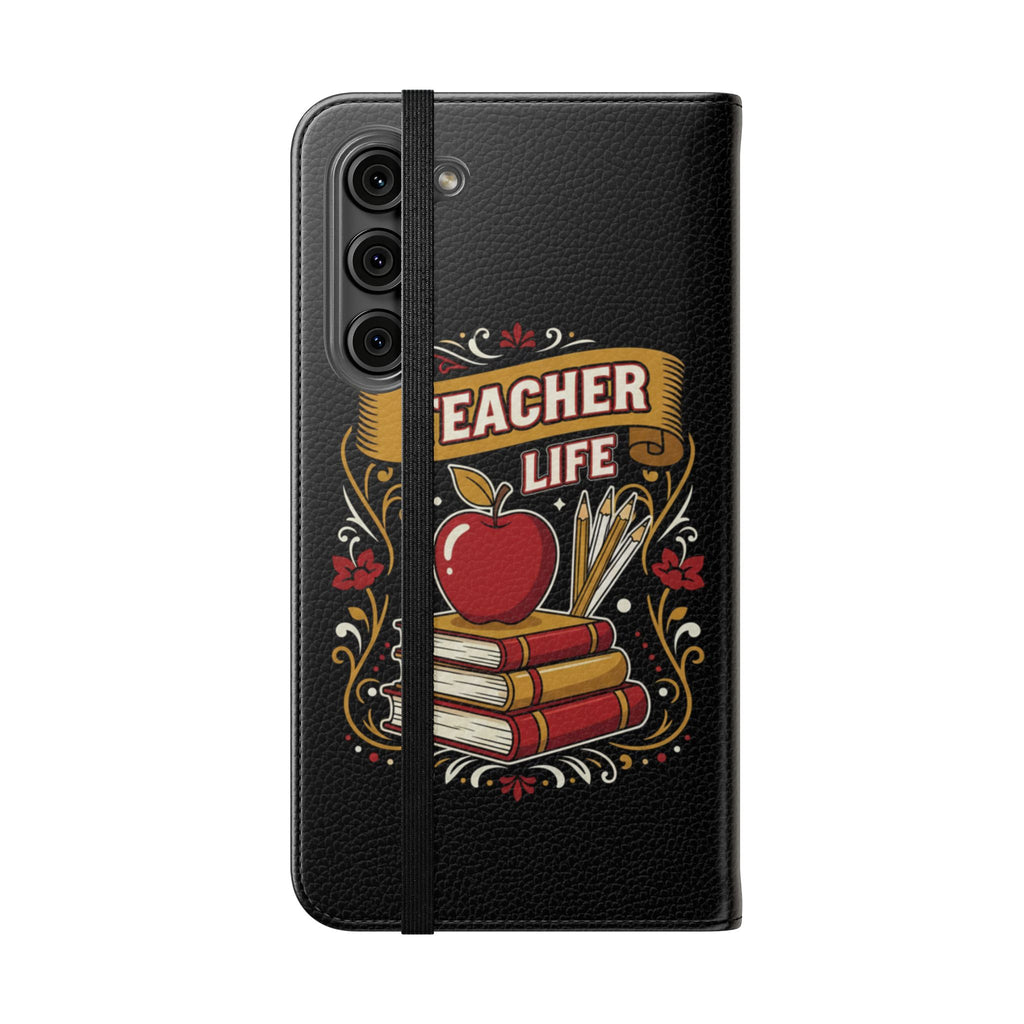 Teacher Life Flip Phone Case – Wallet Folio with Apple & Books Design