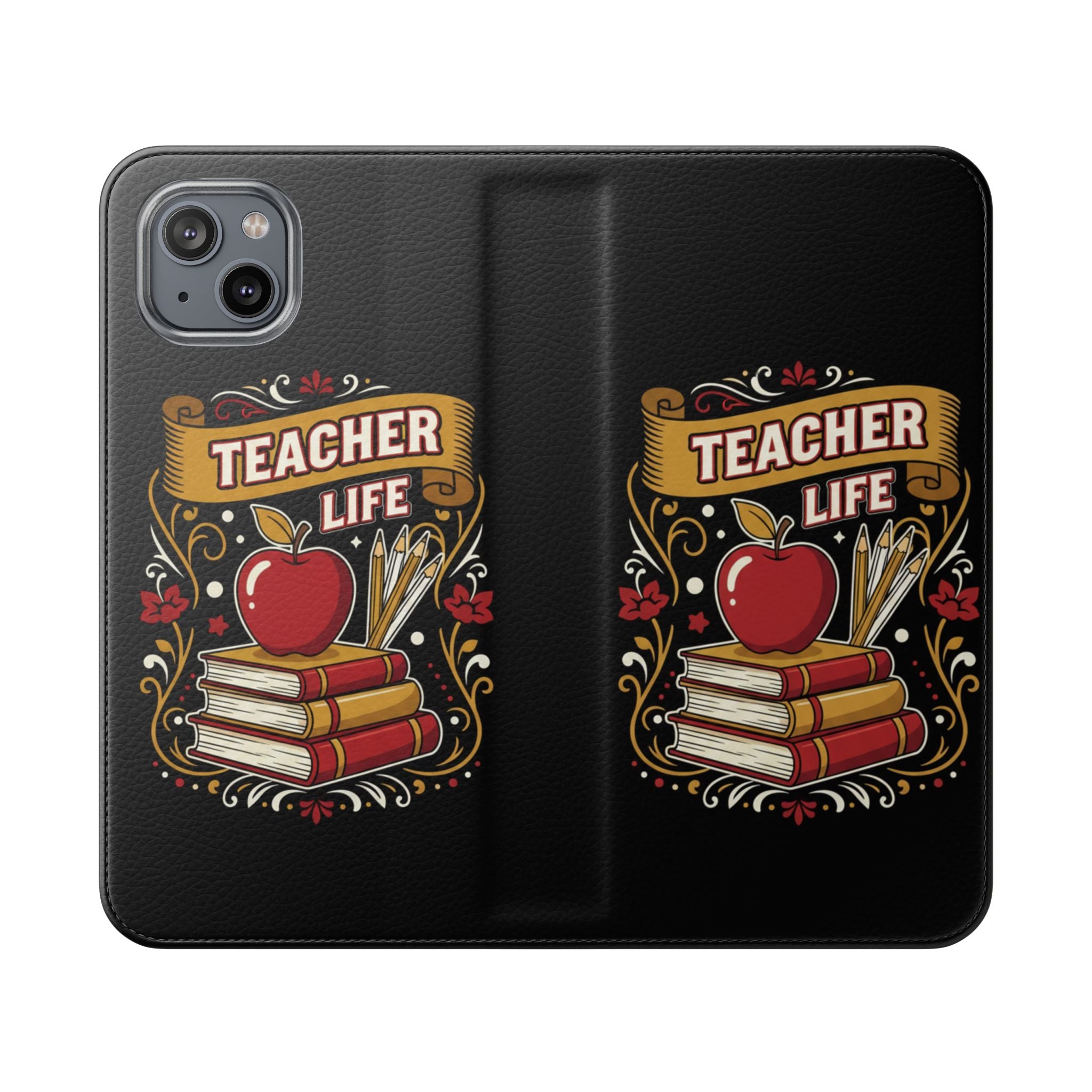 Teacher Life Flip Phone Case – Wallet Folio with Apple & Books Design