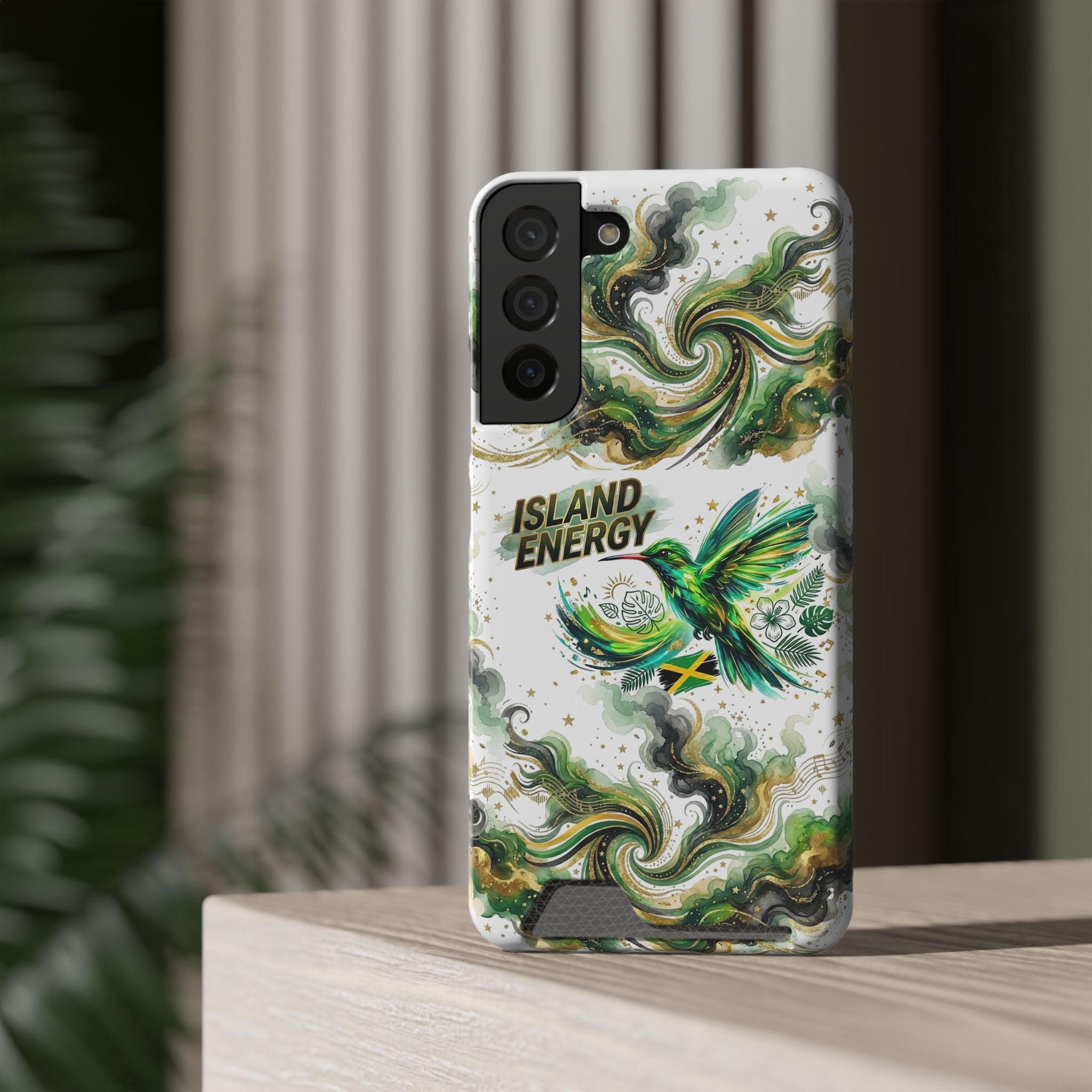 Phone Case with Card Holder — 'Island Energy' Green Hummingbird Design