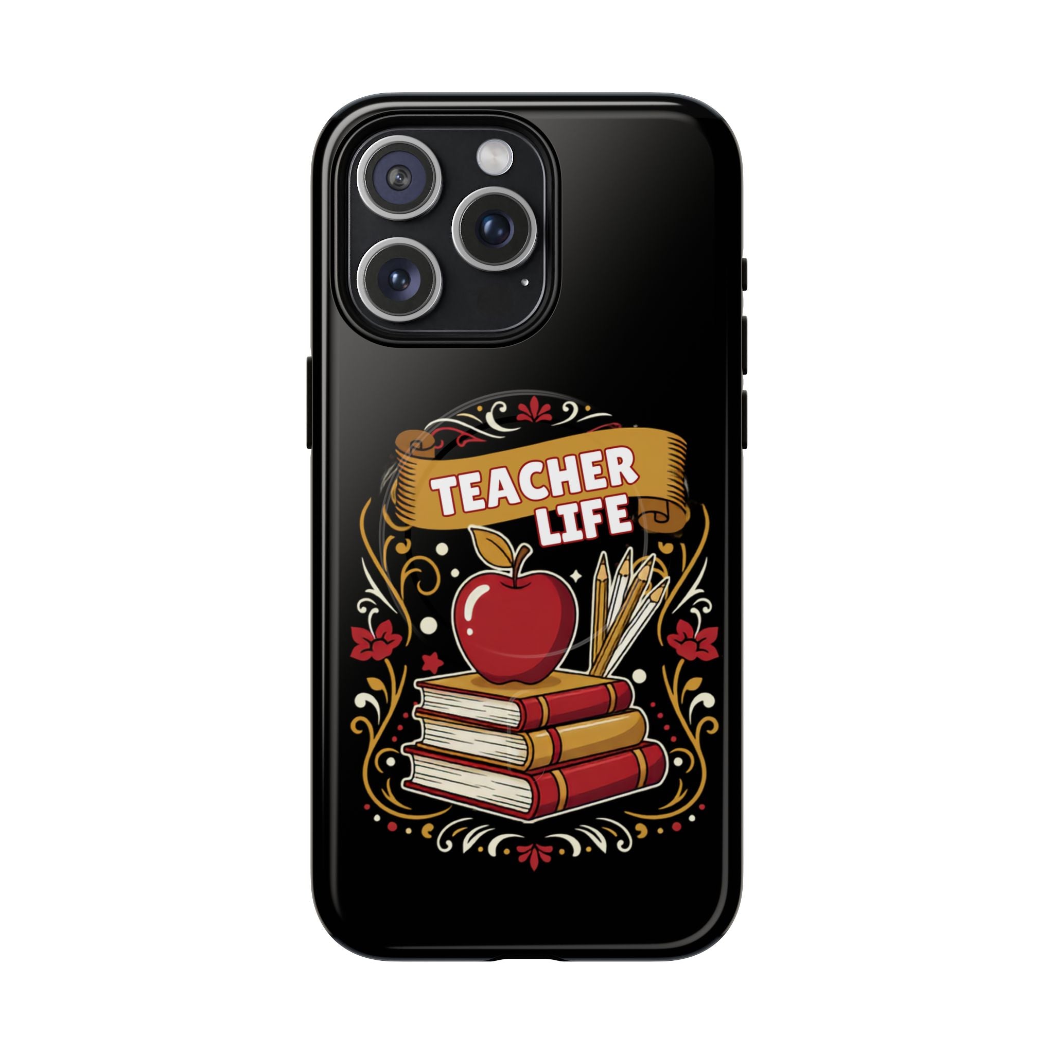 Teacher Life Phone Case - Tough Magnetic Protective Cover with Apple & Books Design