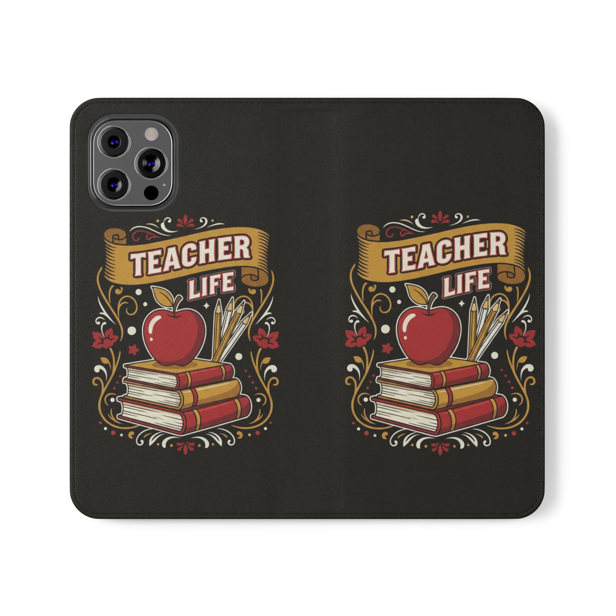 Teacher Life Flip Phone Case – Wallet Folio with Apple & Books Design