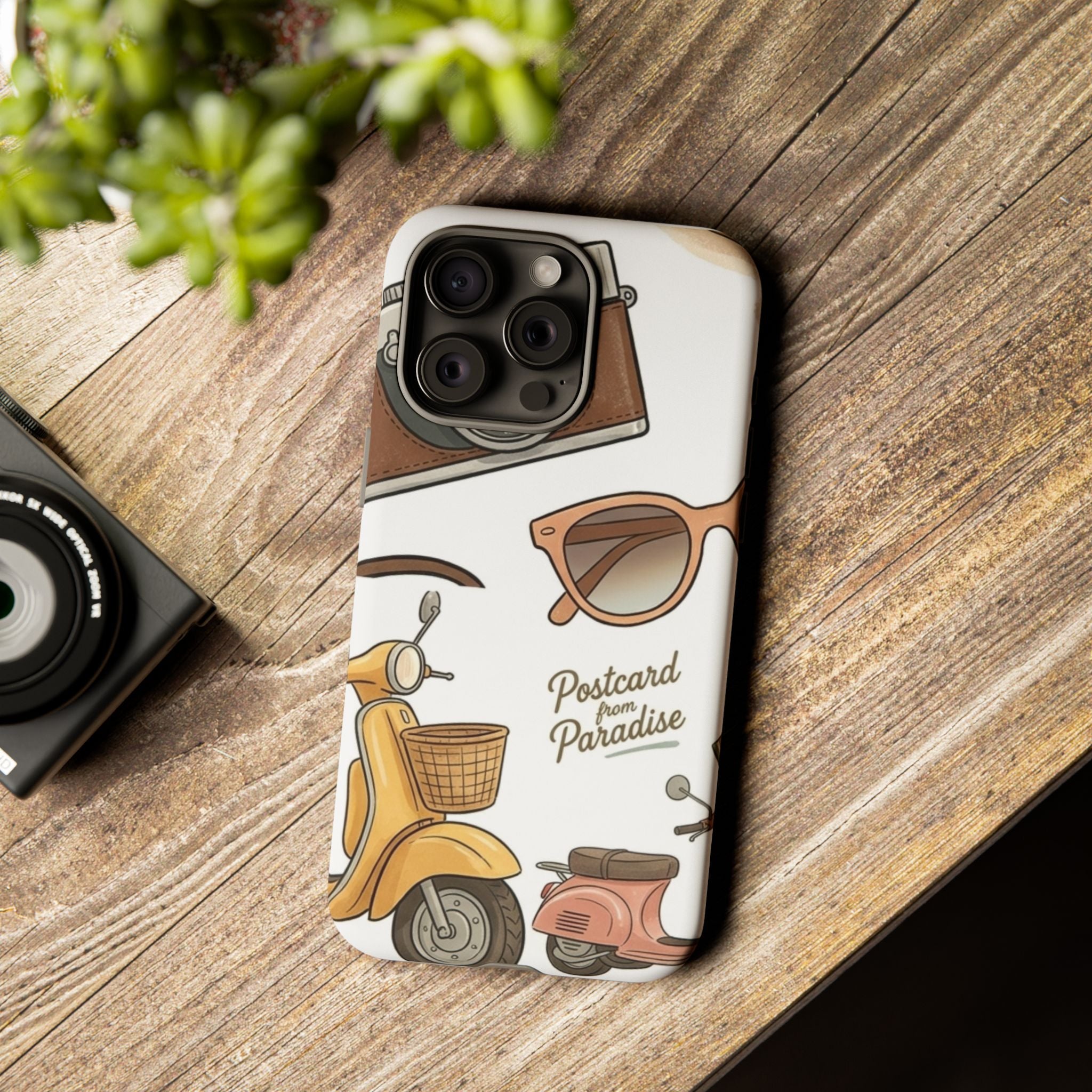 Vintage Summer Beach Phone Case — Feminine Travel Pattern with Cameras, Sunglasses & Scooter
