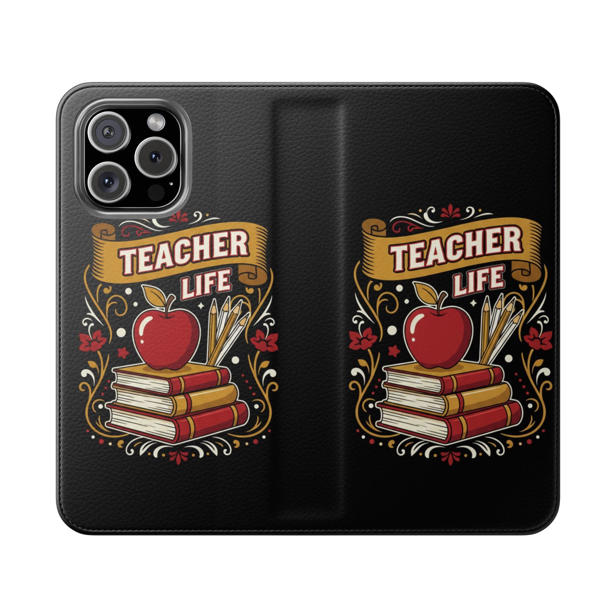 Teacher Life Flip Phone Case – Wallet Folio with Apple & Books Design