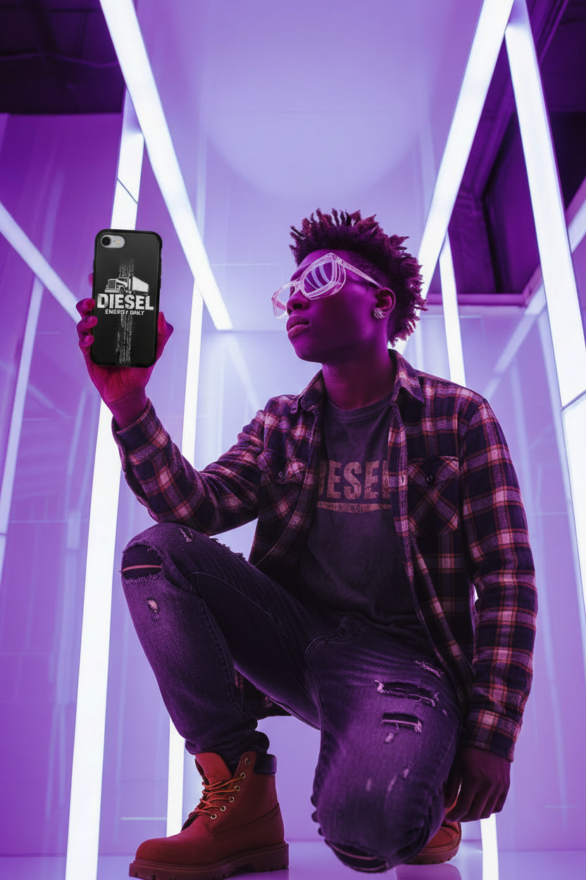 Young man in diesel vibe outfit holding phone case